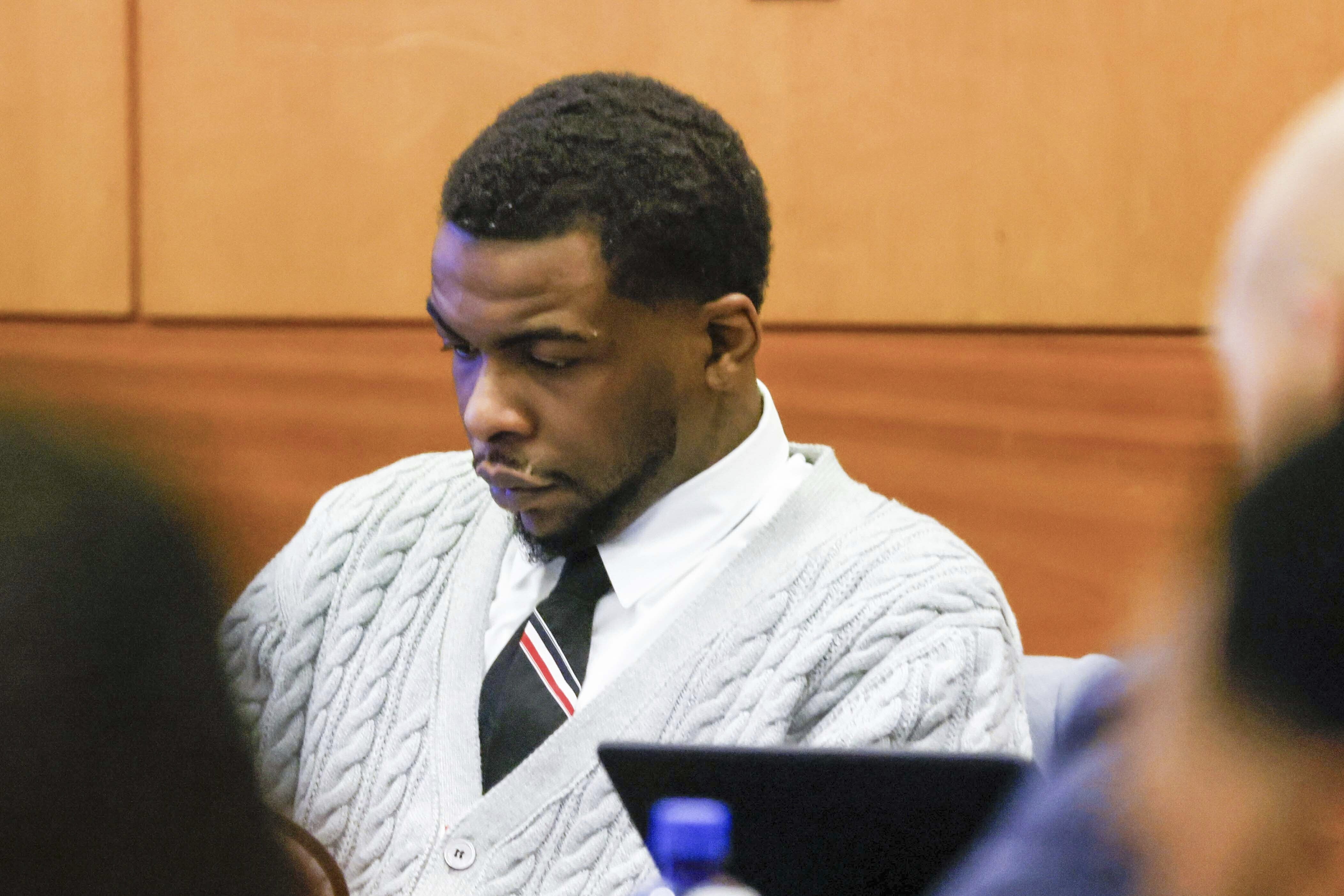 Defendant Deamonte Kendrick appears for the Young Thug trial at Fulton County Courthouse in Atlanta on Tuesday, Nov. 26, 2024. (Miguel Martinez/Atlanta Journal-Constitution via AP)