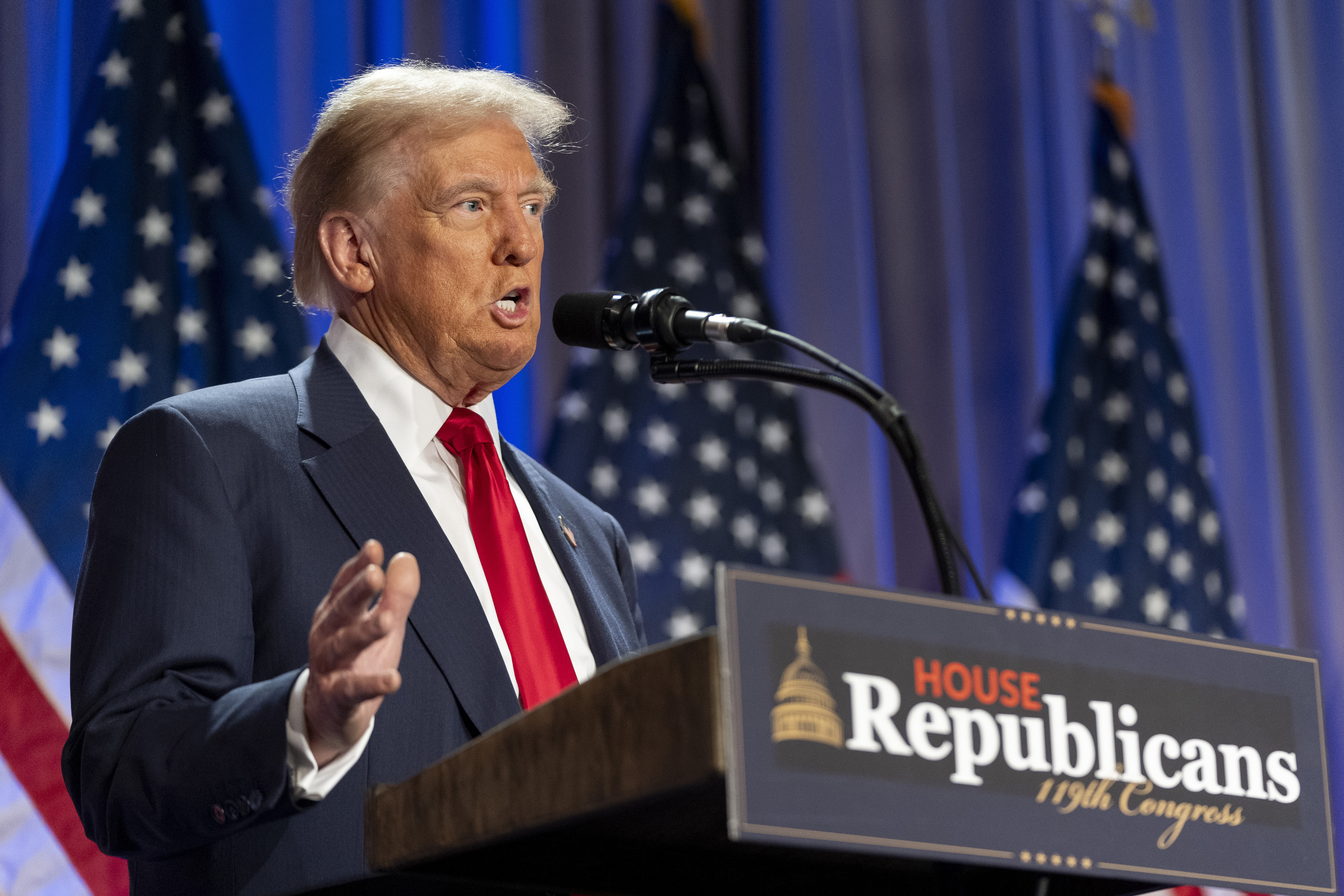 FILE - President-elect Donald Trump speaks at meeting of the House GOP conference, Nov. 13, 2024, in Washington. (AP Photo/Alex Brandon, File)