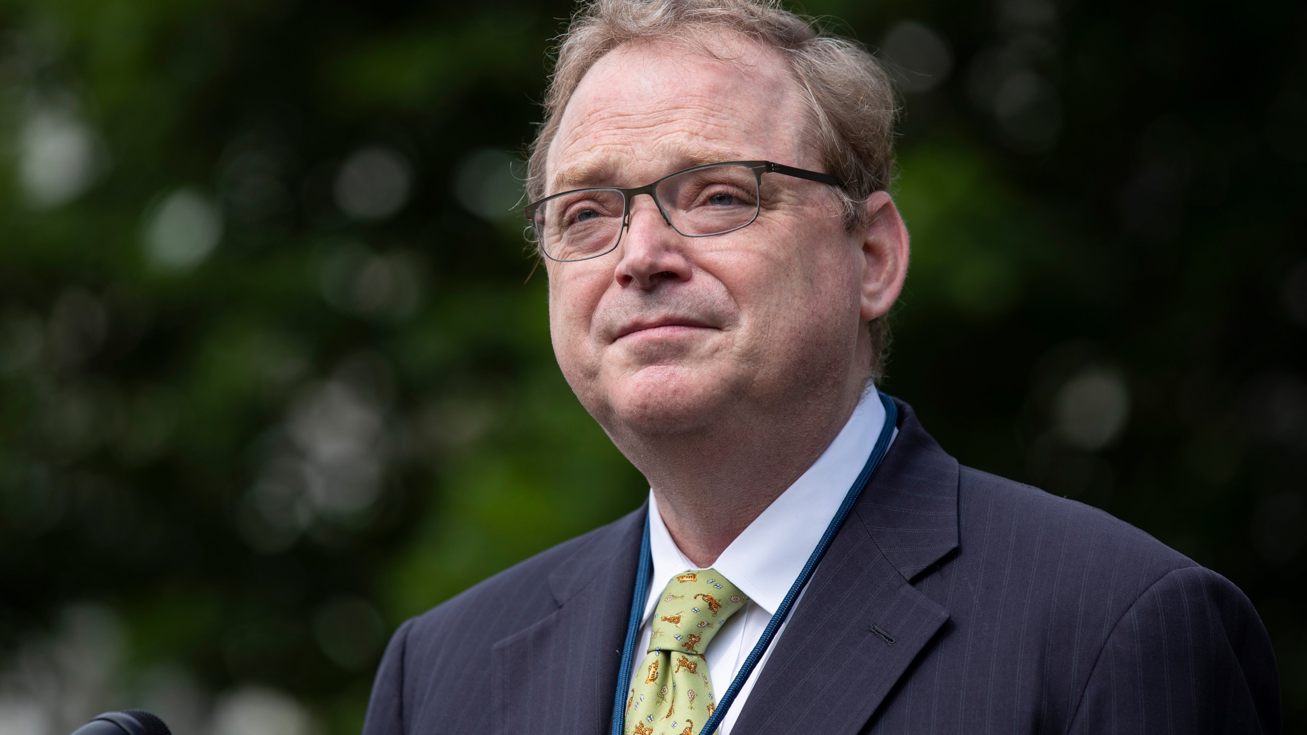 FILE - White House senior adviser Kevin Hassett speaks with reporters at the White House, June 19, 2020, in Washington. (AP Photo/Alex Brandon, File)