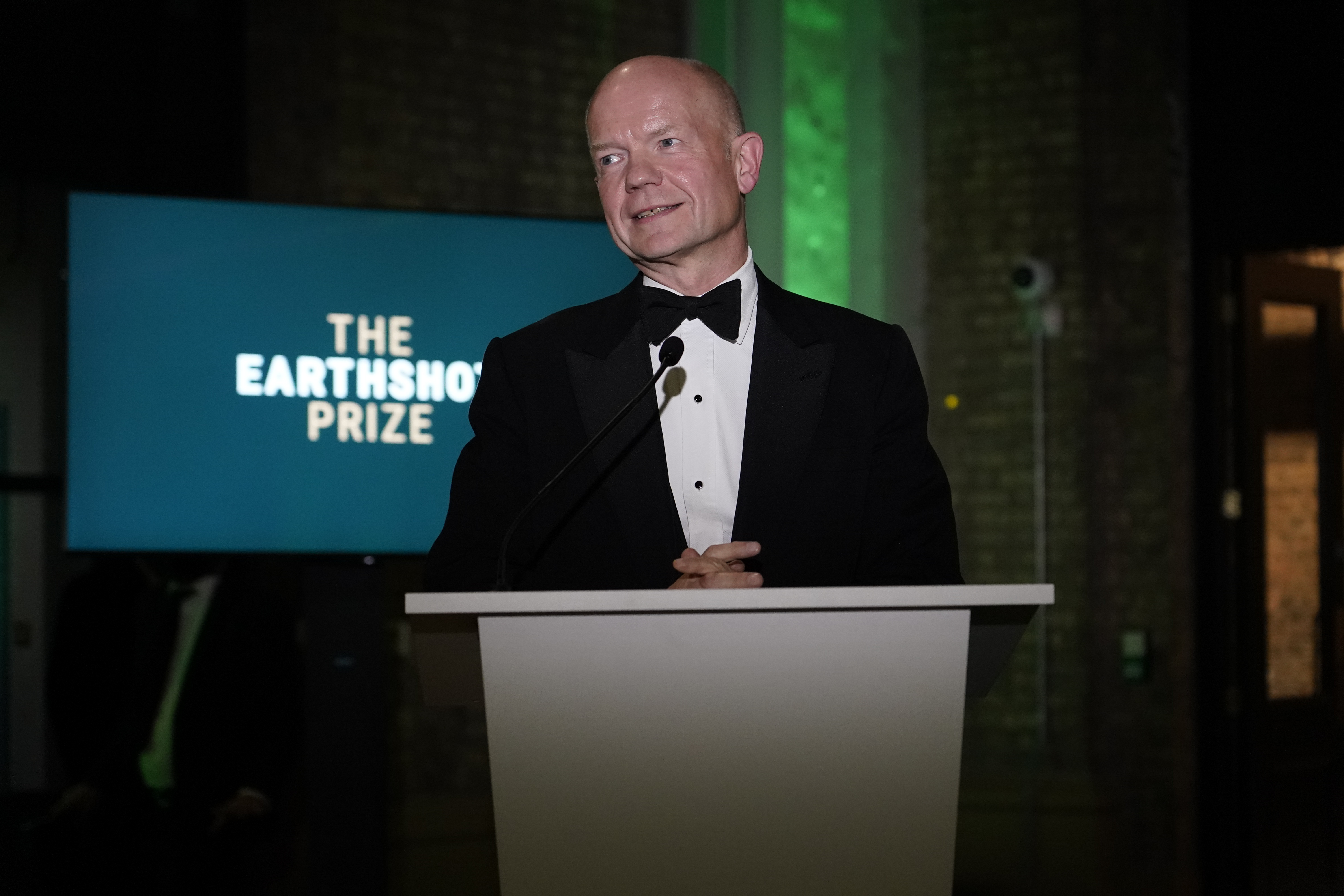 FILE - Chairman of the Royal Foundation William Hague holds a speech as he attends the first ever Earthshot Prize Awards Ceremony at Alexandra Palace in London on Sunday, Oct. 17, 2021. (AP Photo/Alberto Pezzali, Pool, File)