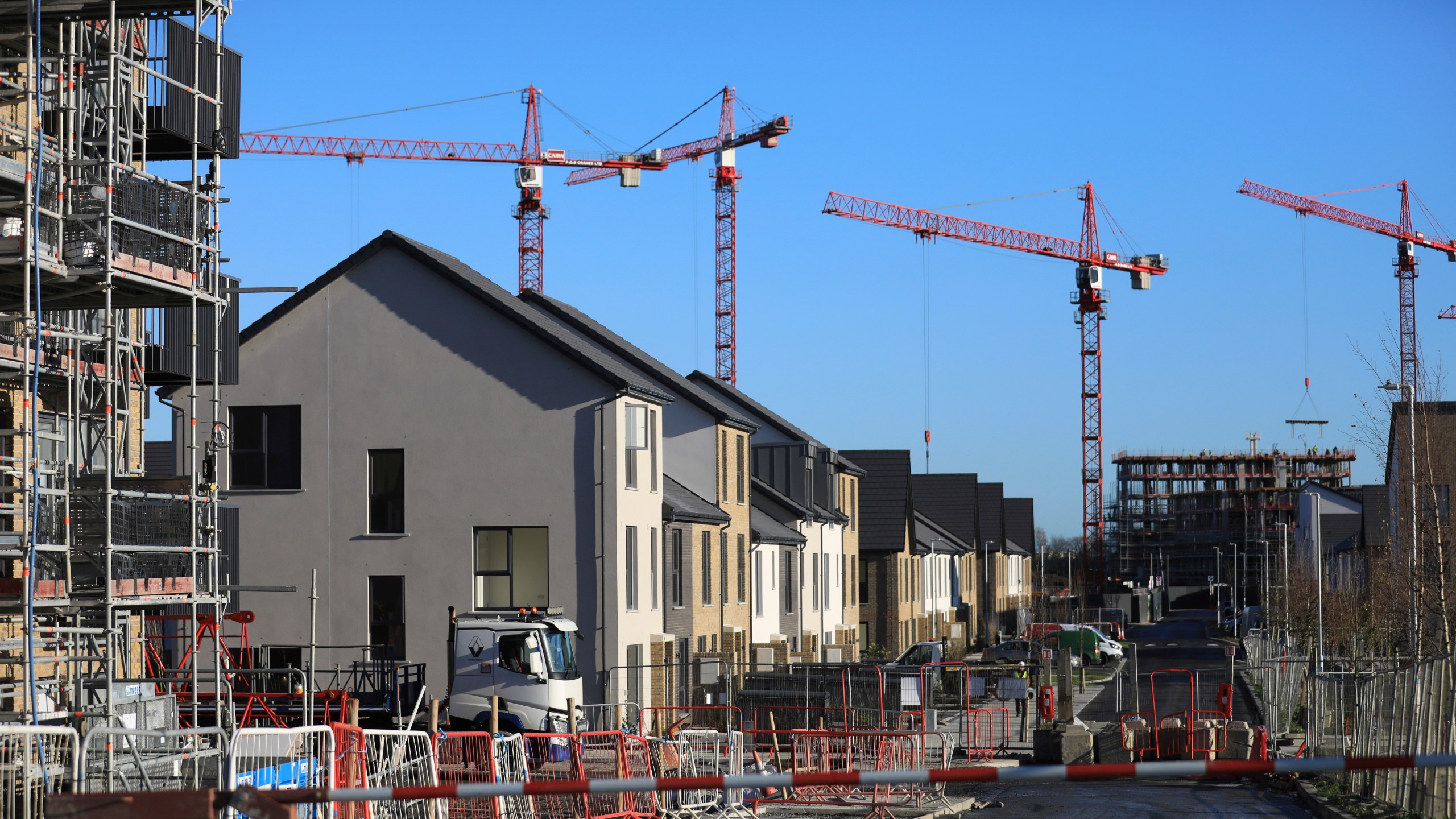 Construction work on building new houses in Clonburris, South Dublin, Ireland, Tuesday, Nov. 26, 2024, ahead of Ireland's election on Friday. (AP Photo/Peter Morrison)