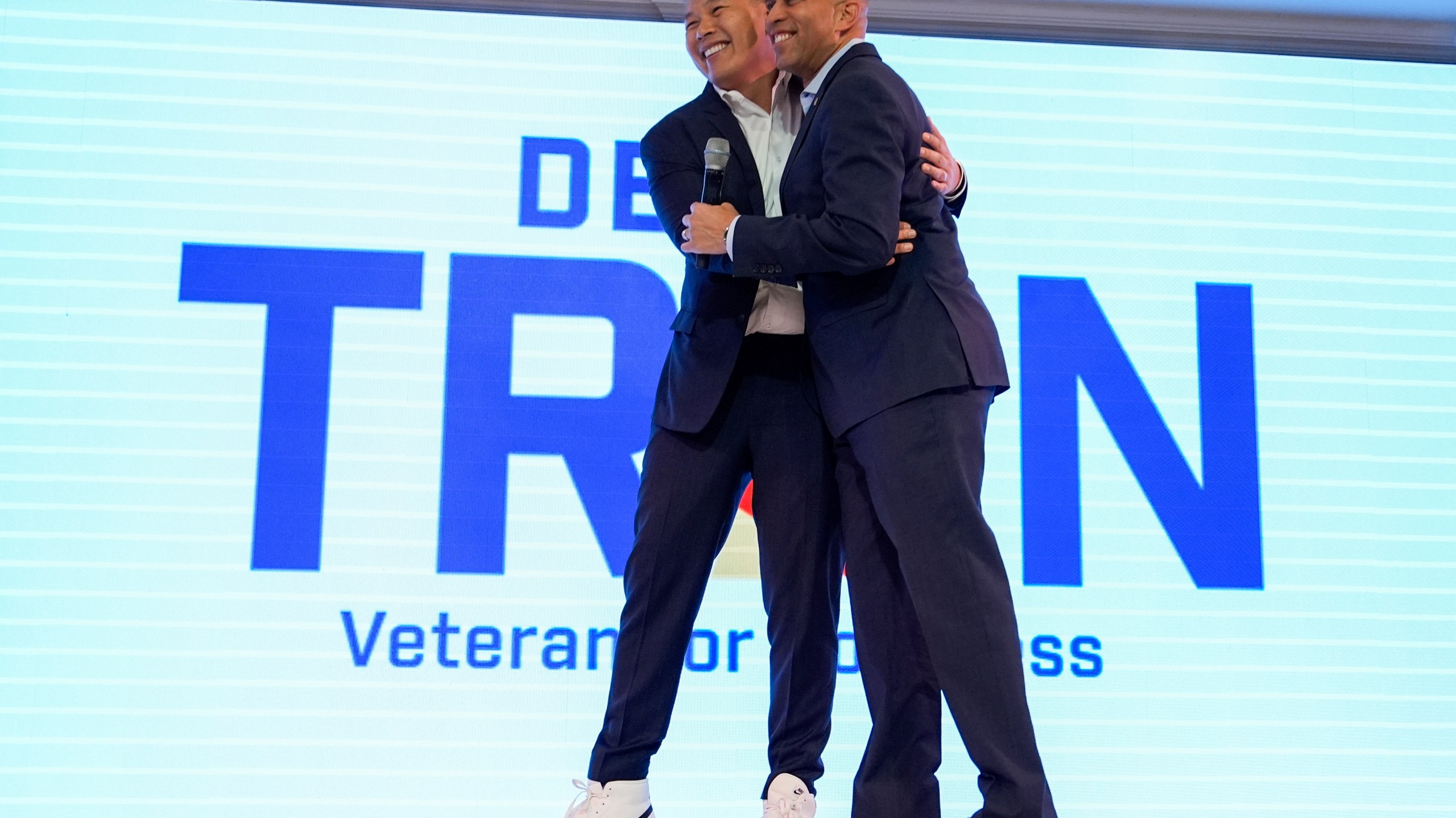 FILE - House Minority Leader Hakeem Jeffries, D-N.Y., greets Derek Tran during a campaign event at Golden Sea Restaurant, Saturday, Oct. 12, 2024, in Anaheim, Calif. (AP Photo/Julia Demaree Nikhinson, File)