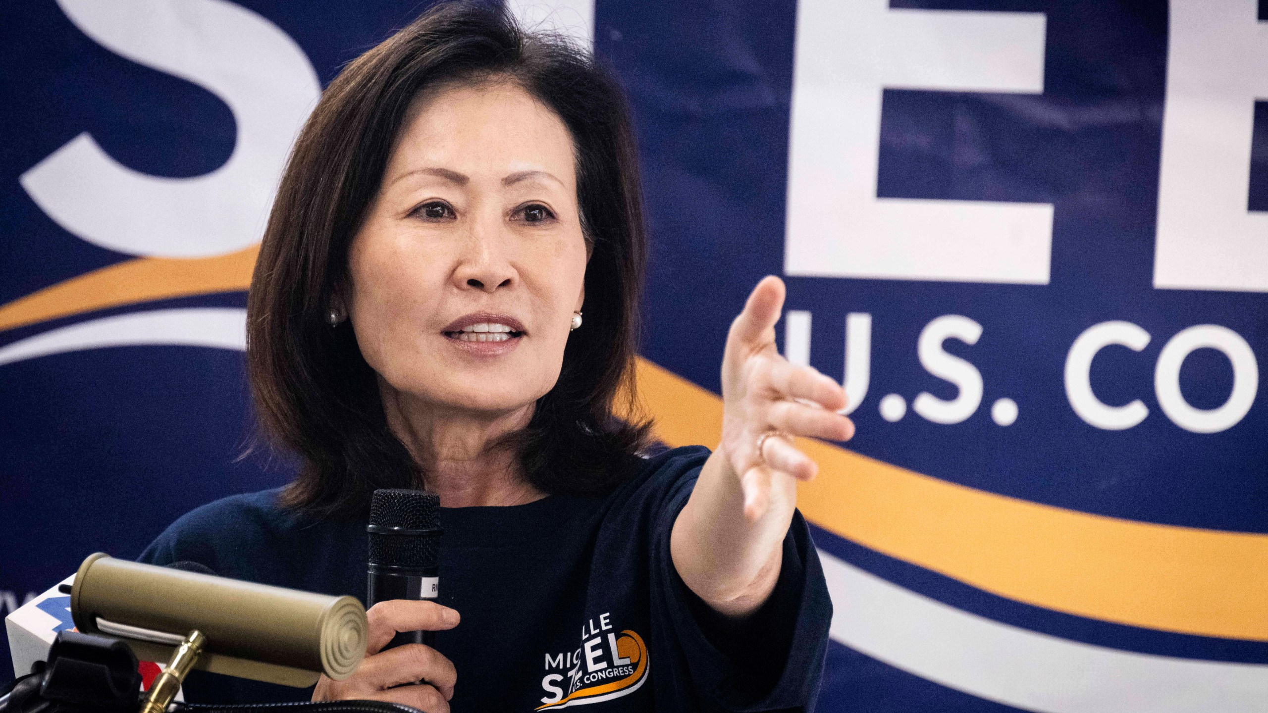 FILE - U.S. Rep. Michelle Steel, R-Calif., addresses supporters at her election office in Buena Park, Calif., Monday, Nov. 4, 2024. (Paul Bersebach/The Orange County Register via AP, File)