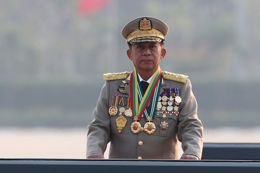 FILE - Senior Gen. Min Aung Hlaing, head of the military council, inspects officers during a parade to commemorate Myanmar's 78th Armed Forces Day in Naypyitaw, Myanmar, on March 27, 2023. (AP Photo/Aung Shine Oo, File)