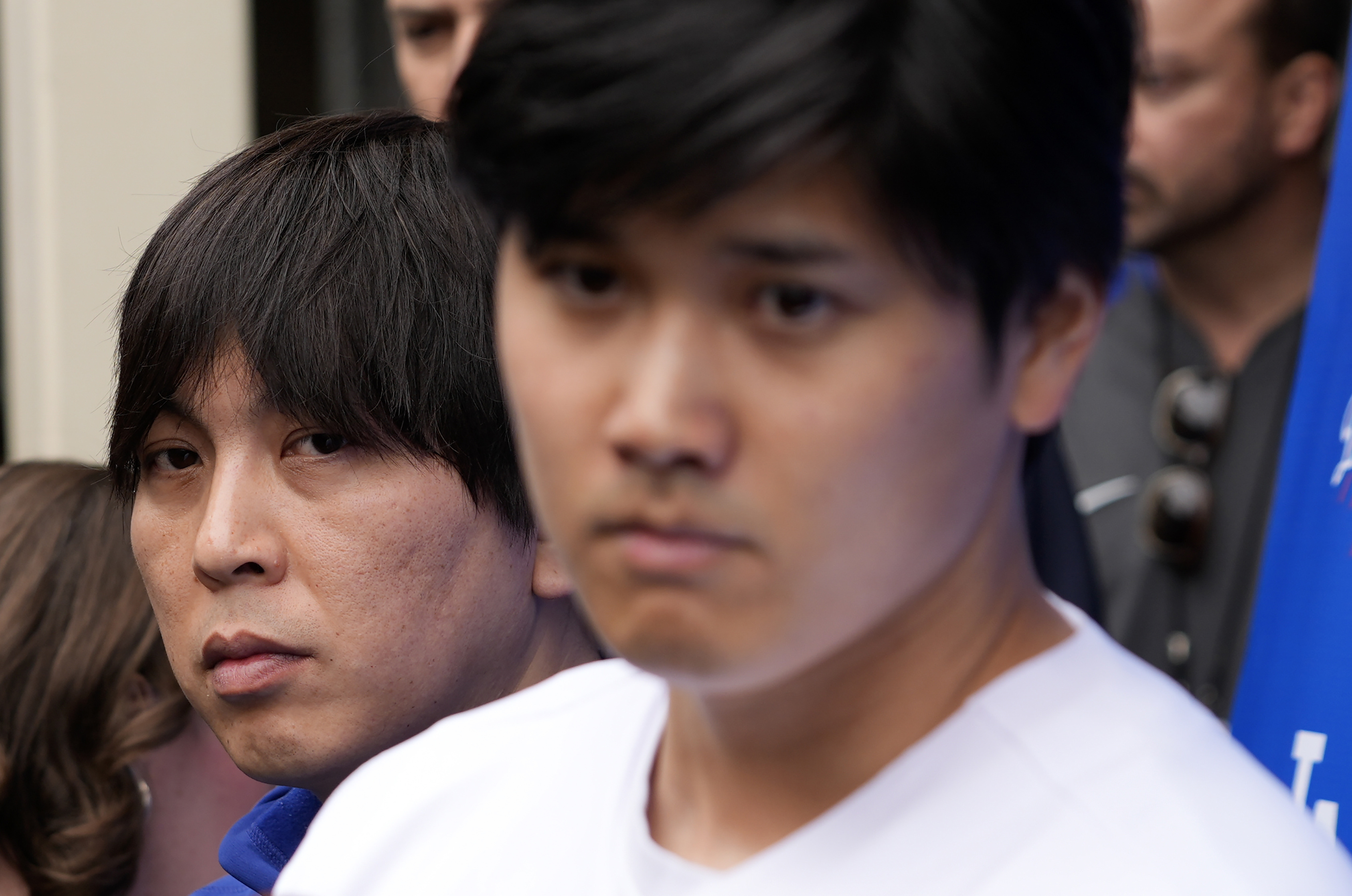 FILE - Ippei Mizuhara, left, stands next to Los Angeles Dodgers baseball player Shohei Ohtani, right, during an interview at Dodger Stadium, Feb. 3, 2024. (AP Photo/Richard Vogel, File)