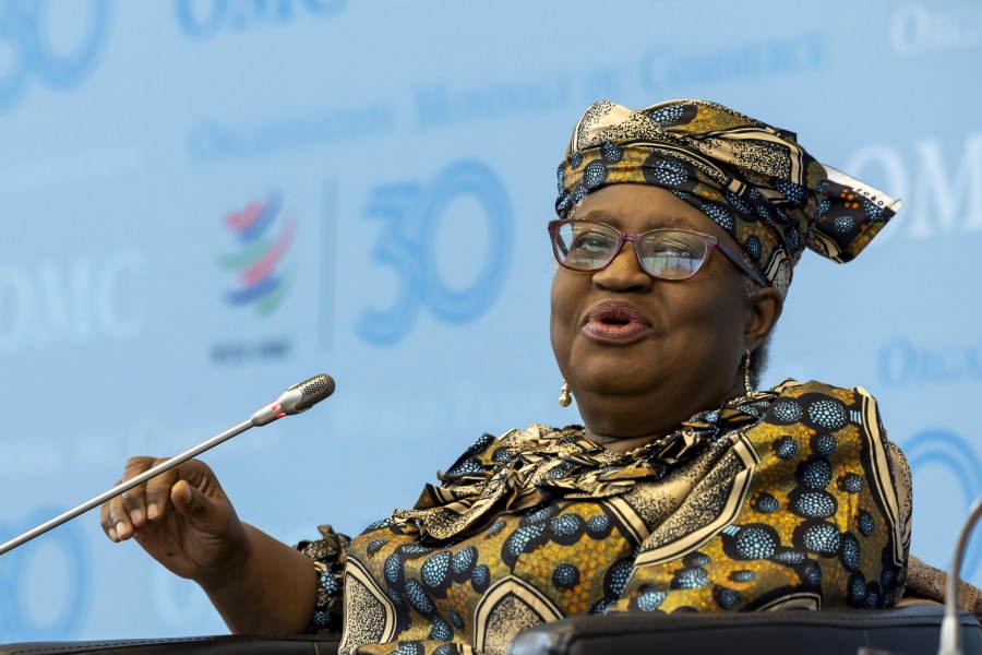 FILE - Nigeria's Ngozi Okonjo-Iweala, Director General of the World Trade Organisation (WTO), speaks during the panel discussion at the WTO's Presidential Lecture Series, at the headquarters of the World Trade Organization in Geneva, Switzerland, Friday, Nov. 1, 2024. (Salvatore Di Nolfi/Keystone via AP, File)