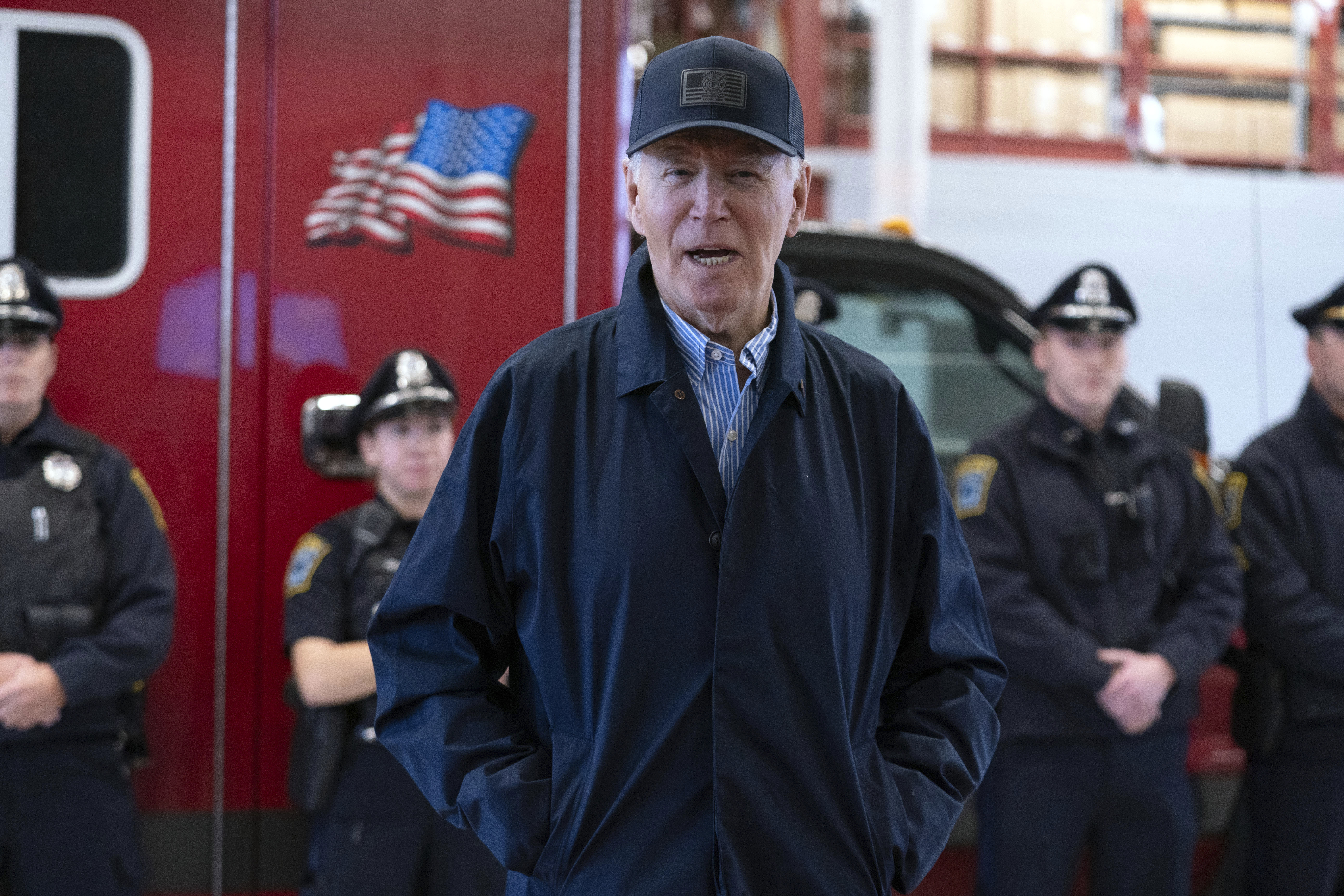 President Joe Biden talks to the media during a visit to Nantucket fire department on Thanksgiving day in Nantucket Mass., Thursday, Nov. 28, 2024. (AP Photo/Jose Luis Magana)