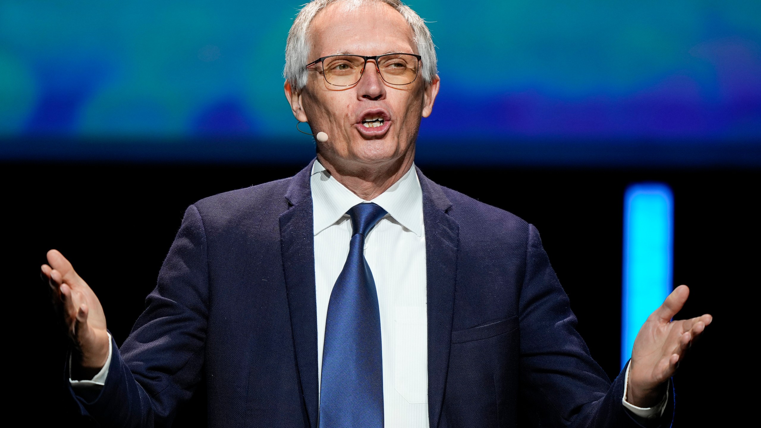 FILE - CEO Stellantis Carlos Tavares speaks during the Paris Automotive Summit on the sideline of the Paris Auto Show, in Paris, Oct. 15, 2024. (AP Photo/Michel Euler, file)