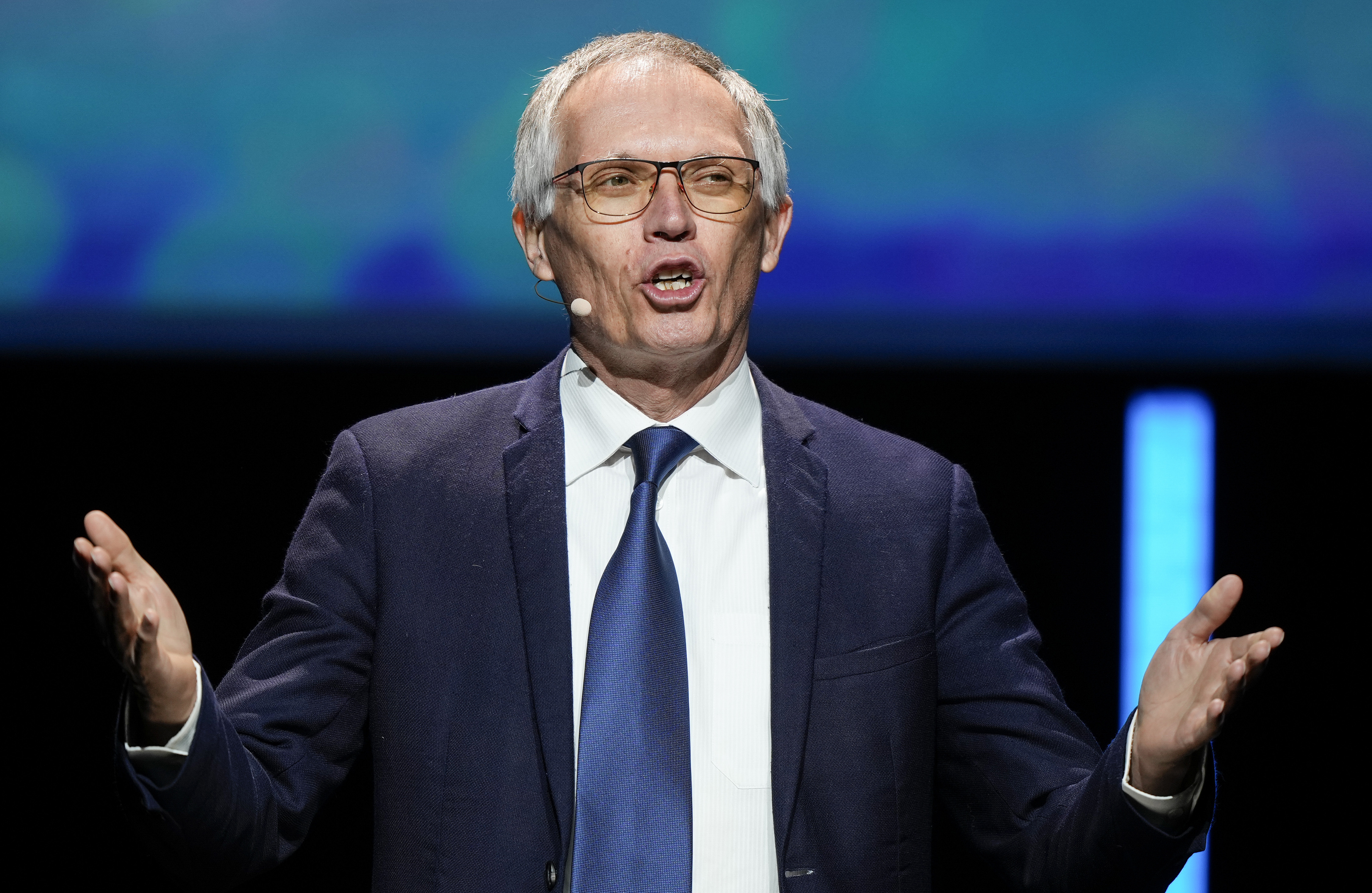 FILE - CEO Stellantis Carlos Tavares speaks during the Paris Automotive Summit on the sideline of the Paris Auto Show, in Paris, Oct. 15, 2024. (AP Photo/Michel Euler, file)