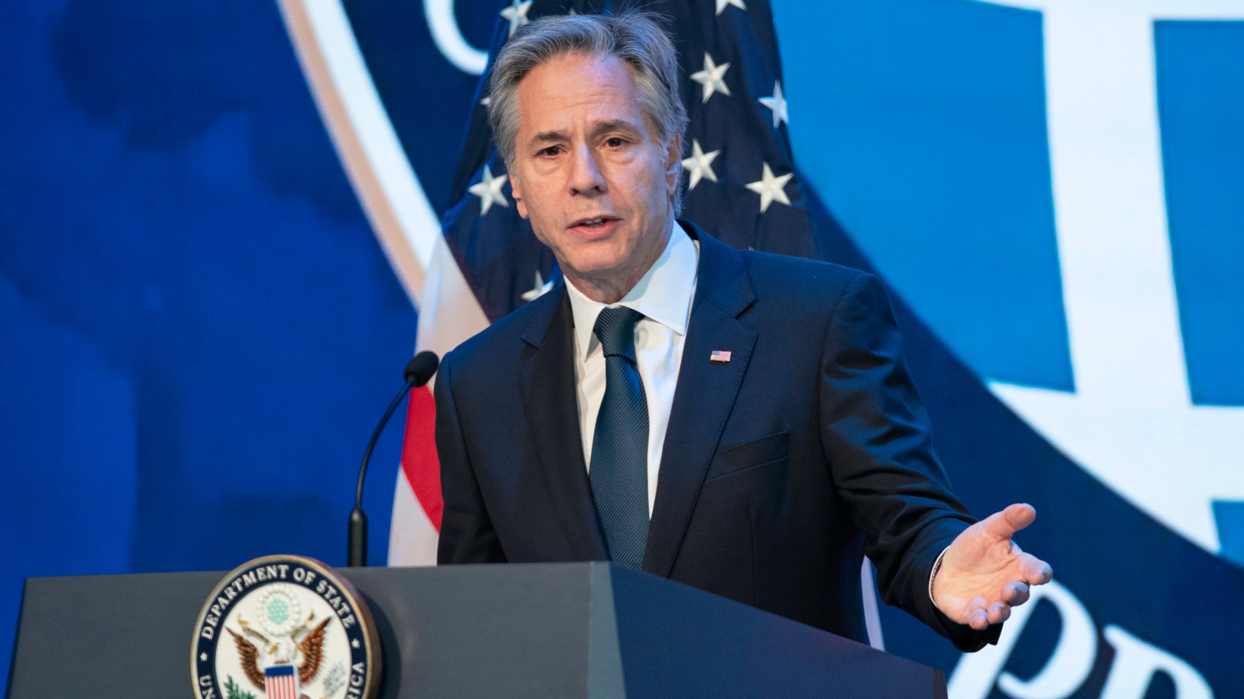 Secretary of State Antony Blinken speaks at the Overseas Security Advisory Council (OSAC) annual briefing at Amazon headquarters in Arlington, Va., Thursday, Nov. 21, 2024. (AP Photo/Jose Luis Magana)