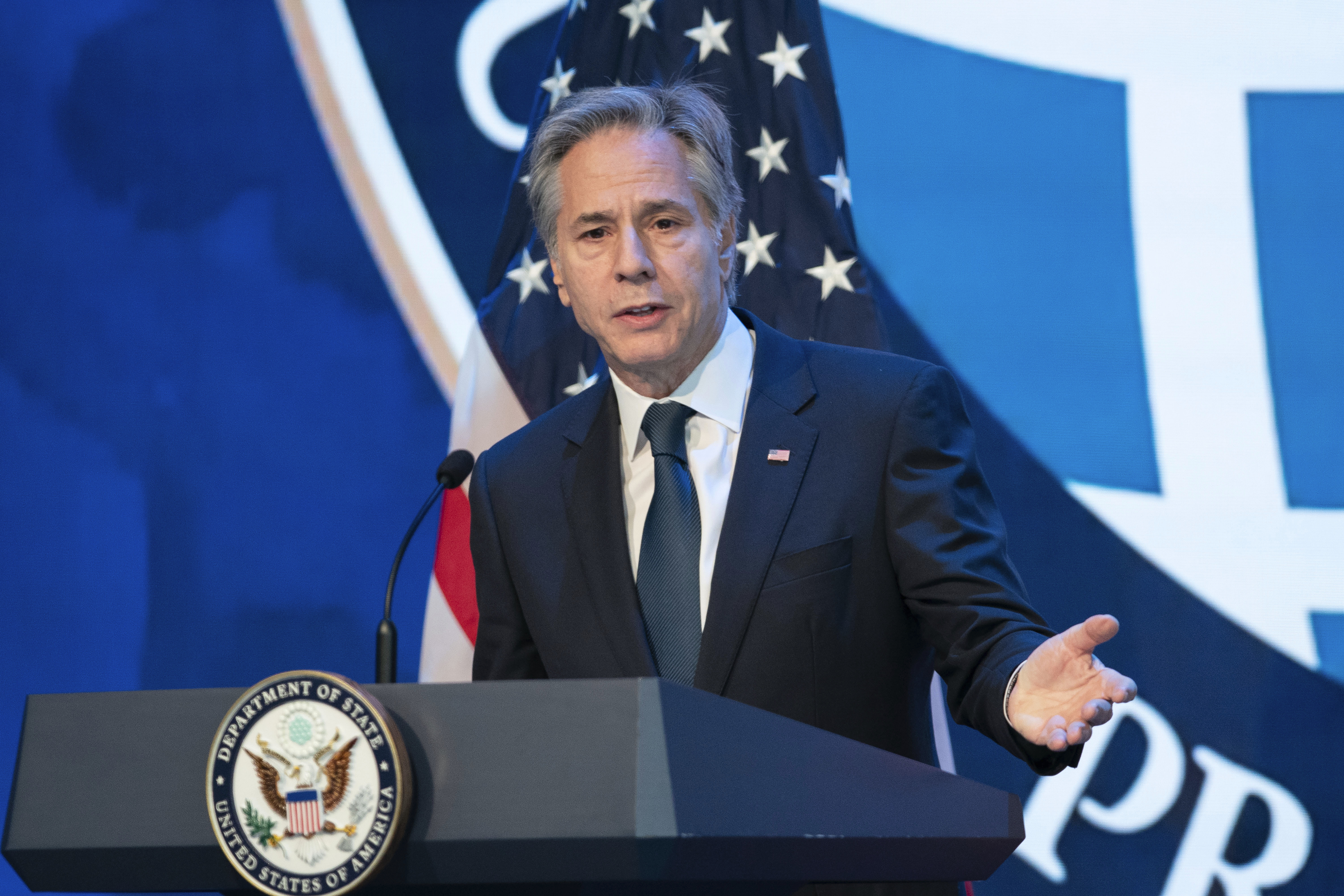 Secretary of State Antony Blinken speaks at the Overseas Security Advisory Council (OSAC) annual briefing at Amazon headquarters in Arlington, Va., Thursday, Nov. 21, 2024. (AP Photo/Jose Luis Magana)