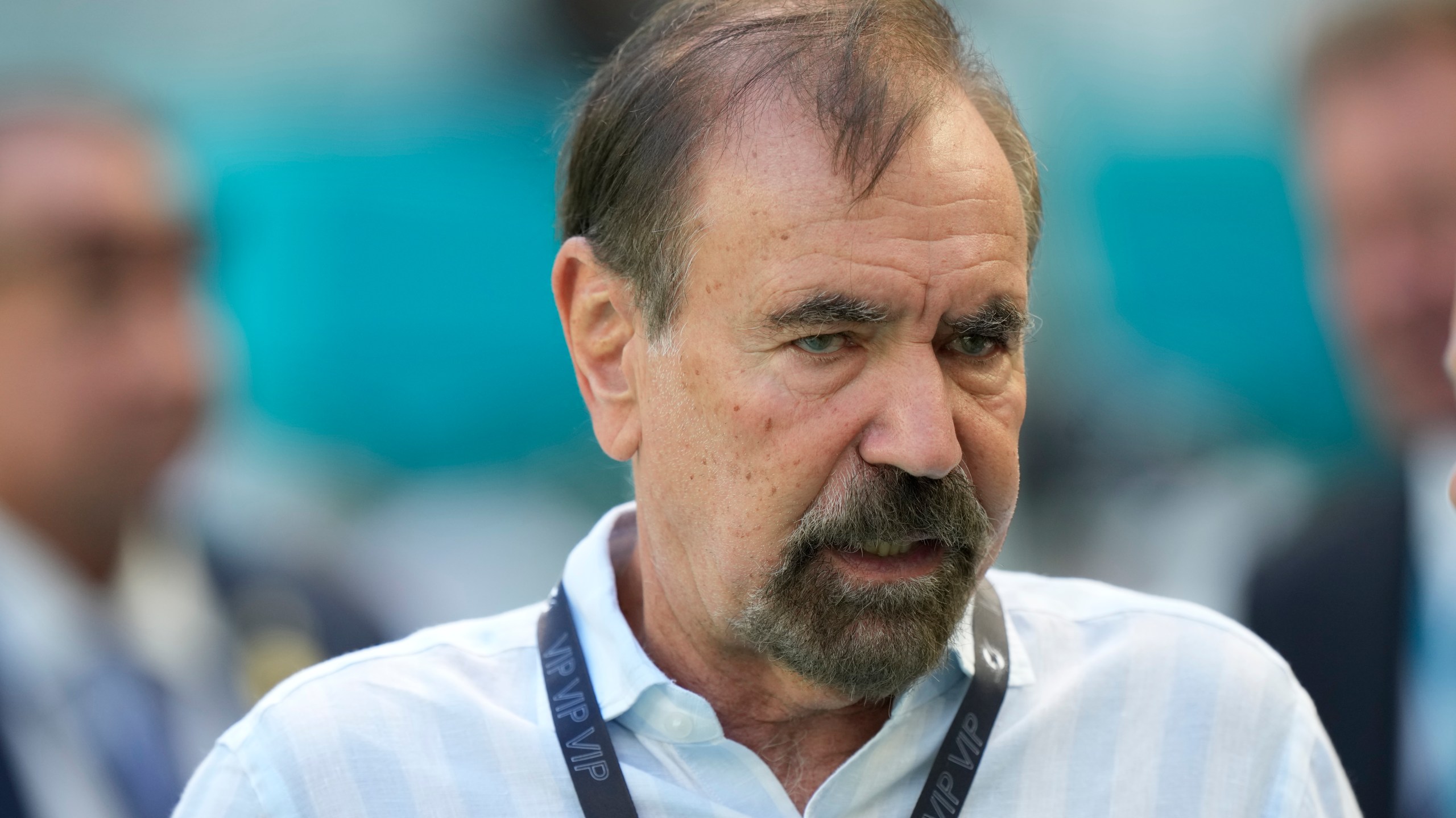 FILE - Jorge M. Perez, Chairman and Chief Executive Officer of Related Group, walks the sidelines before the start of an NFL football game between the Miami Dolphins and the Carolina Panthers, Oct. 15, 2023, in Miami Gardens, Fla. (AP Photo/Wilfredo Lee, File)