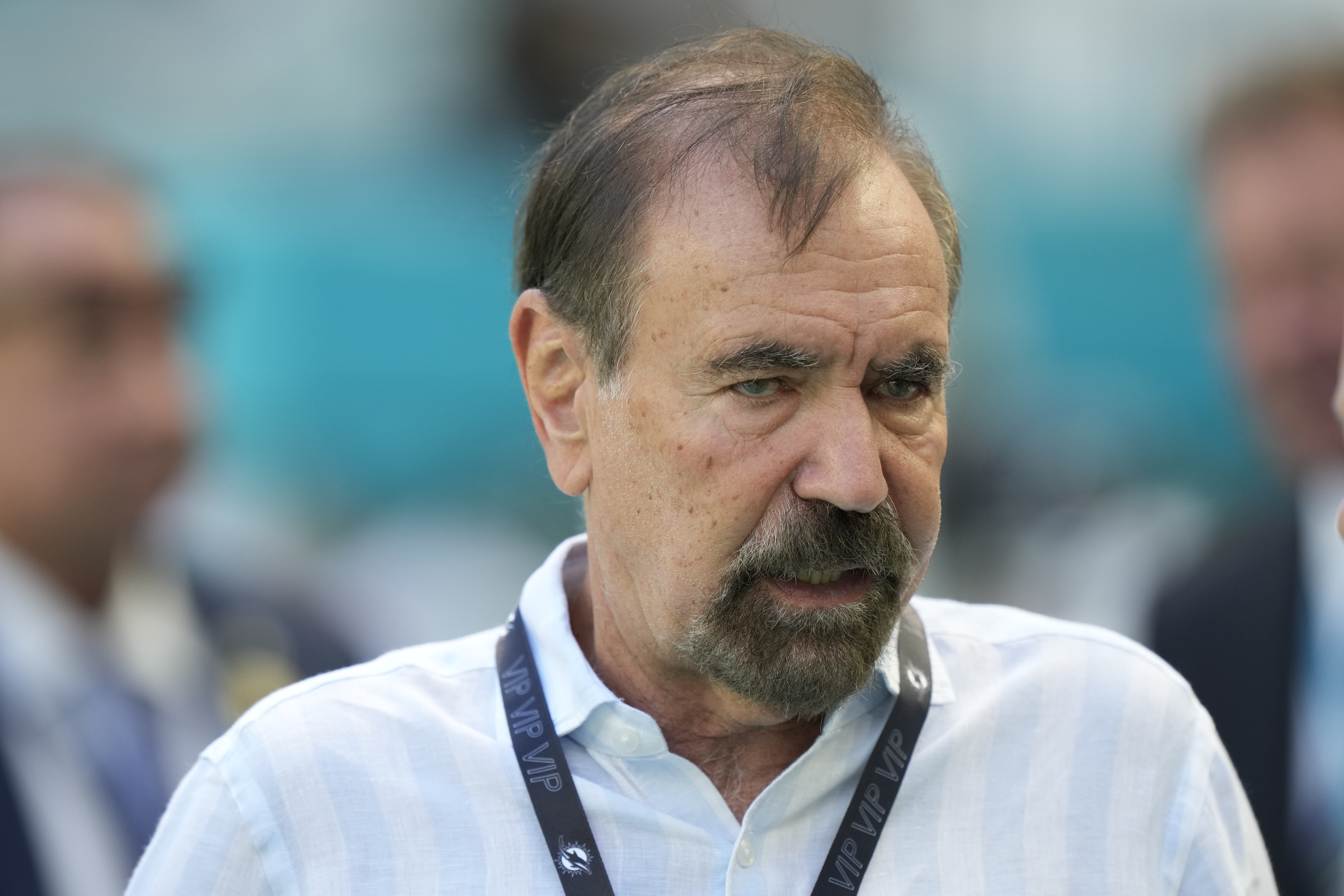 FILE - Jorge M. Perez, Chairman and Chief Executive Officer of Related Group, walks the sidelines before the start of an NFL football game between the Miami Dolphins and the Carolina Panthers, Oct. 15, 2023, in Miami Gardens, Fla. (AP Photo/Wilfredo Lee, File)