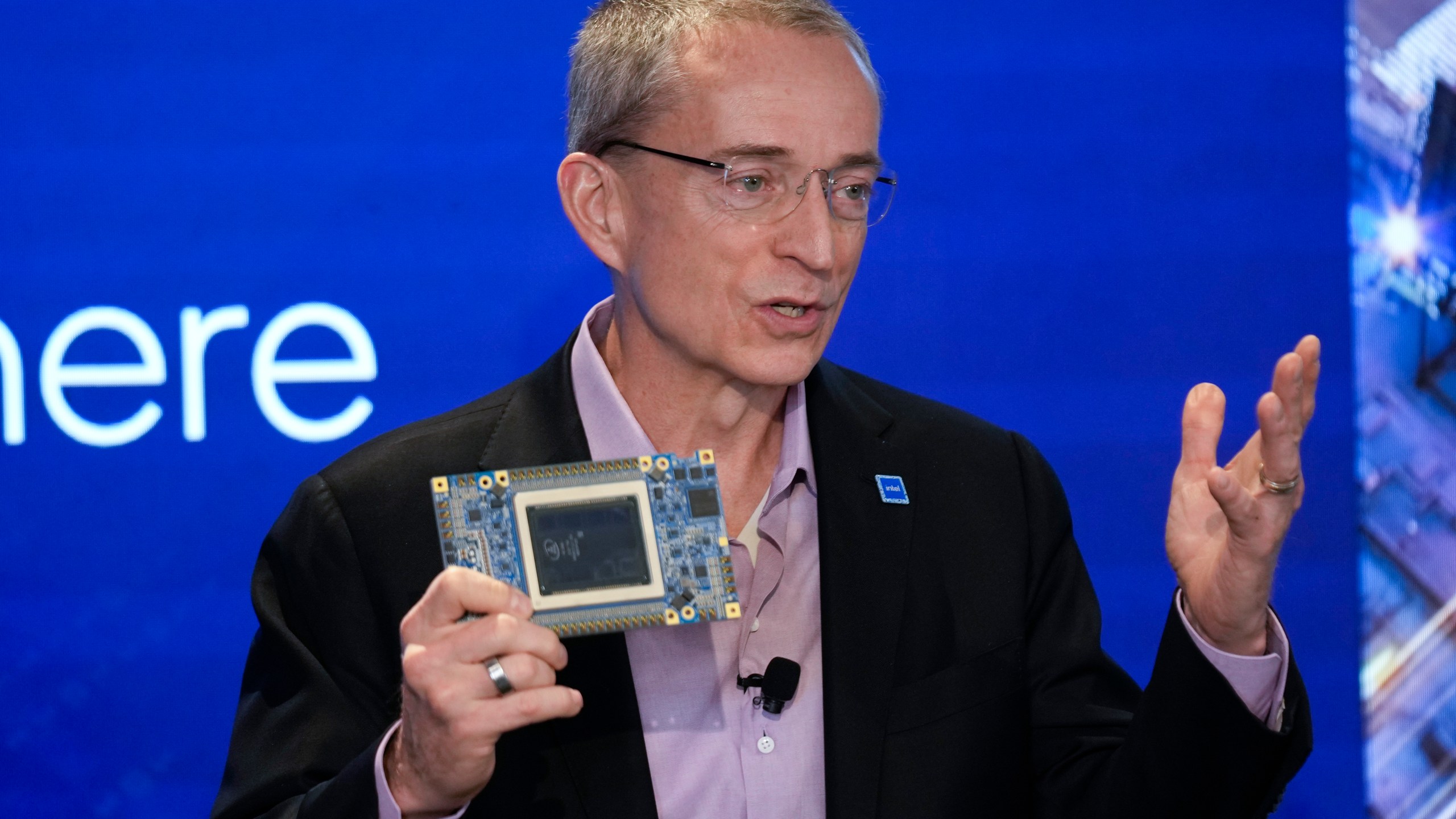 FILE - Intel CEO Pat Gelsinger speaks while holding a new chip, called Gaudi 3, during an event called AI Everywhere in New York, on Dec. 14, 2023. (AP Photo/Seth Wenig, File)