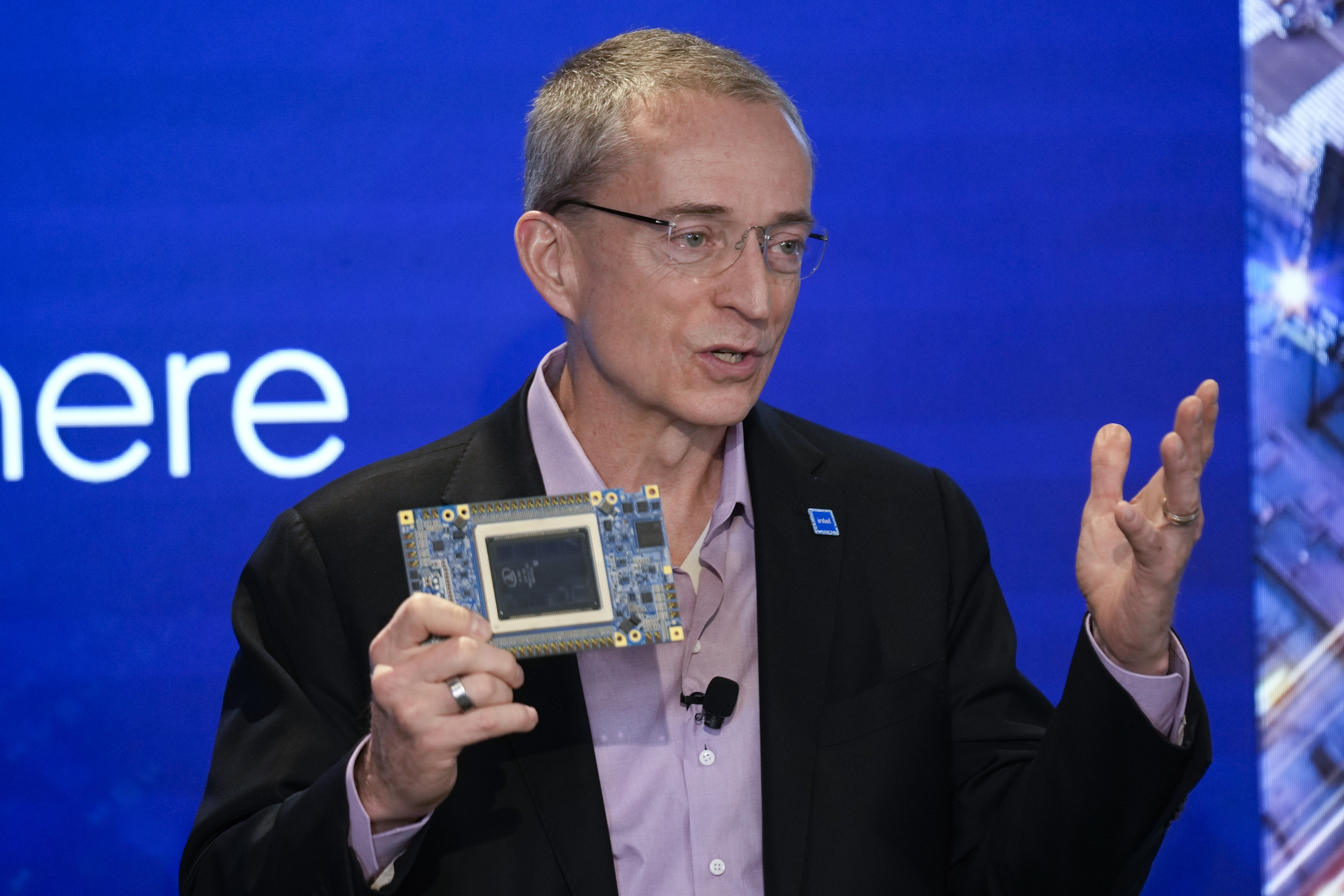 FILE - Intel CEO Pat Gelsinger speaks while holding a new chip, called Gaudi 3, during an event called AI Everywhere in New York, on Dec. 14, 2023. (AP Photo/Seth Wenig, File)