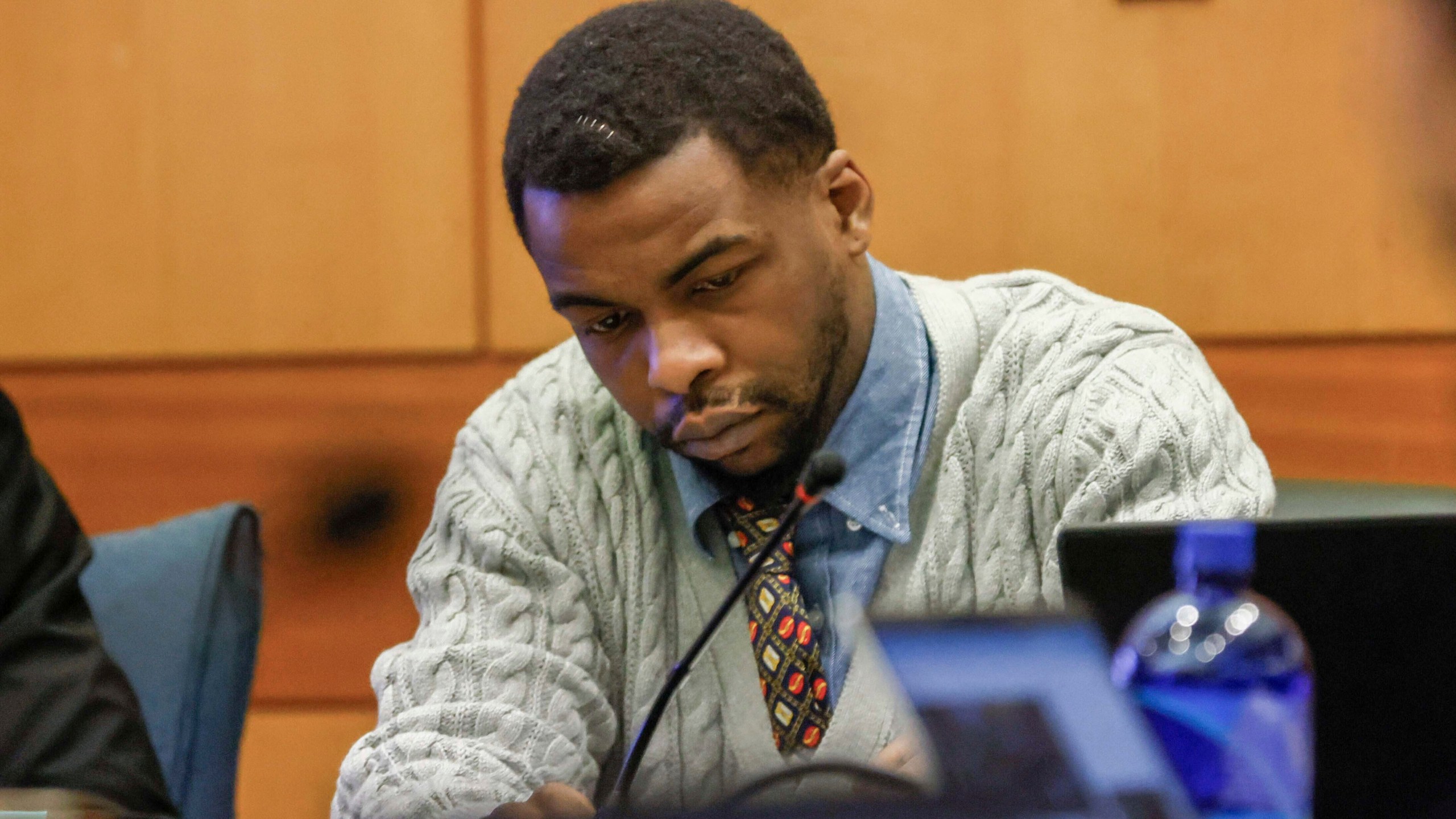 Defendant Deamonte Kendrick appears for the Young Thug trial at Fulton County Courthouse with a notorious head injury after a fight in the jail on Monday, Dec. 2, 2024, in Atlanta. (Miguel Martinez/Atlanta Journal-Constitution via AP)