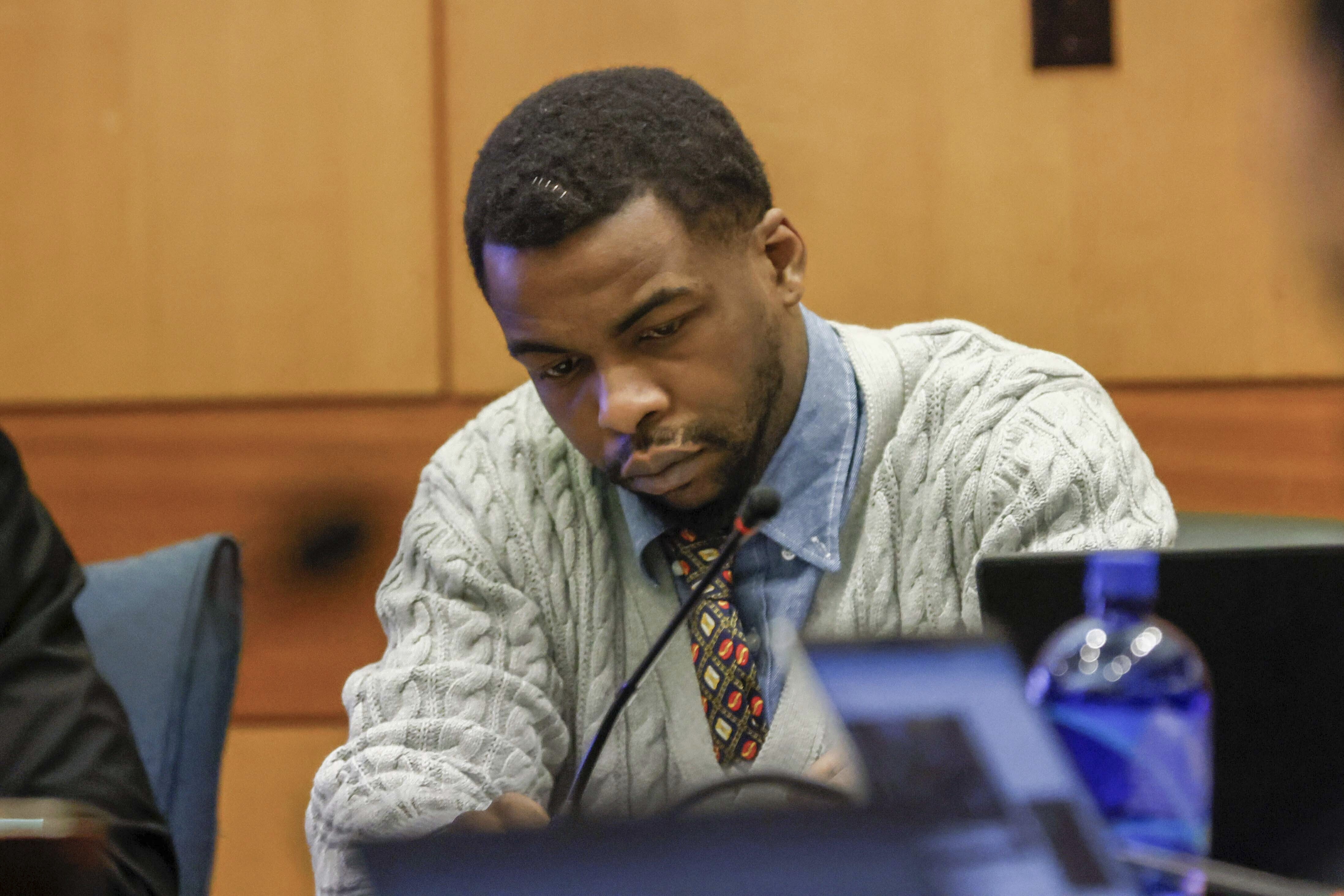 Defendant Deamonte Kendrick appears for the Young Thug trial at Fulton County Courthouse with a notorious head injury after a fight in the jail on Monday, Dec. 2, 2024, in Atlanta. (Miguel Martinez/Atlanta Journal-Constitution via AP)