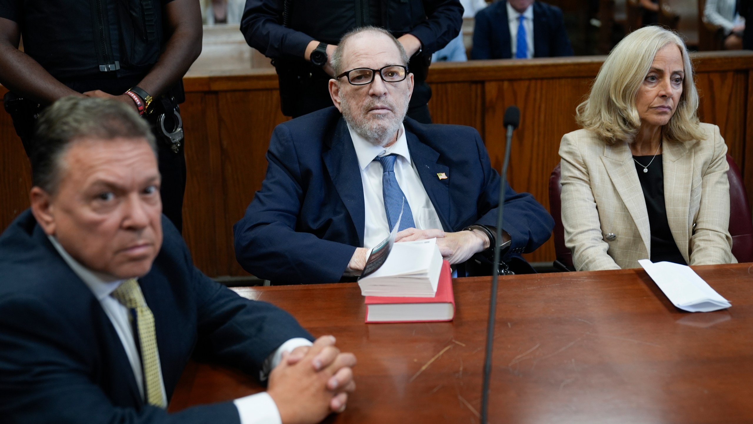 FILE - Harvey Weinstein, center, appears in criminal court in New York, Sept. 18, 2024. (AP Photo/Seth Wenig, Pool, File)