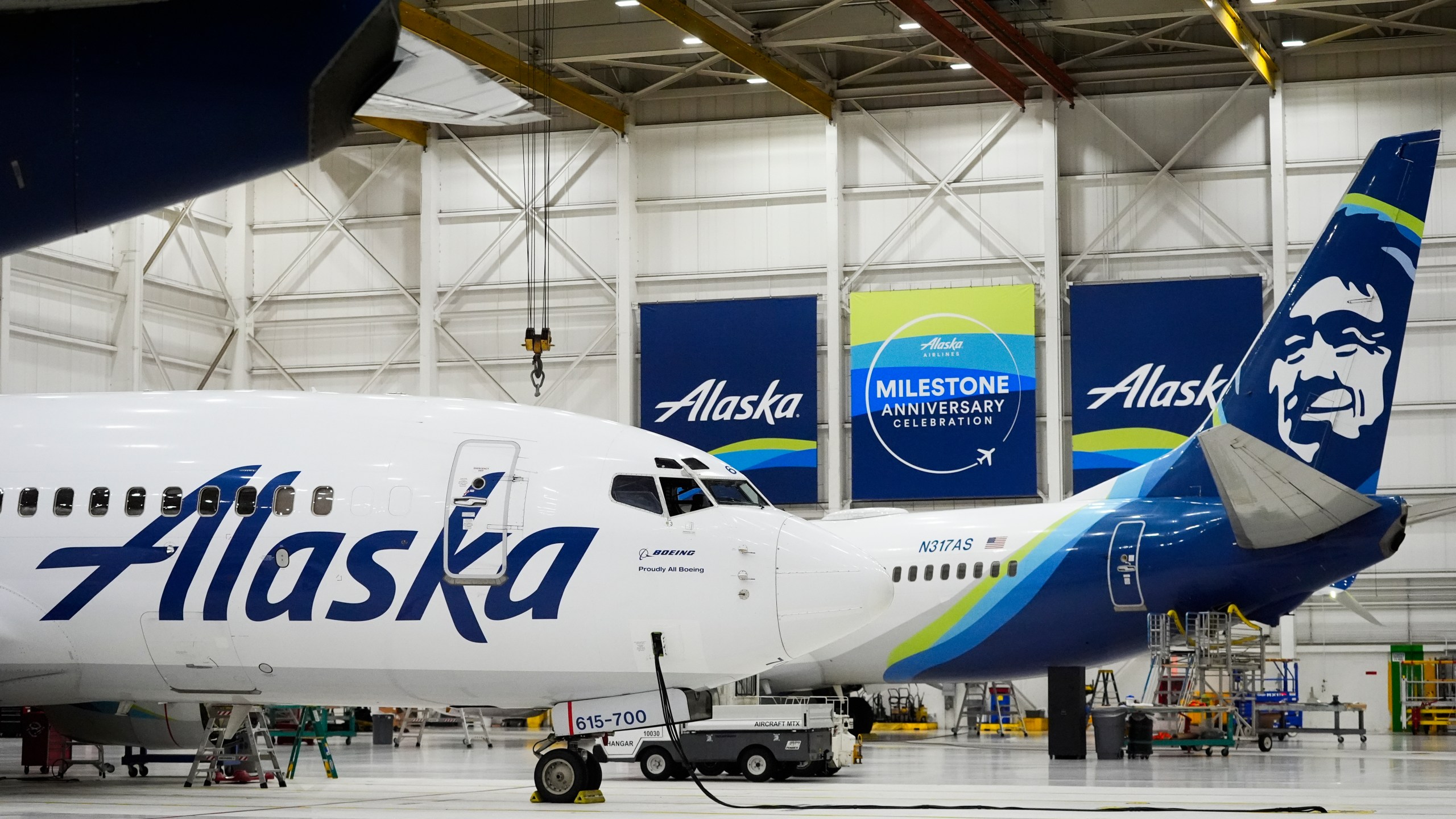 FILE - Alaska Airlines aircraft sits in the airline's hangar at Seattle-Tacoma International Airport, Jan. 10, 2024, in SeaTac, Wash. (AP Photo/Lindsey Wasson, File)