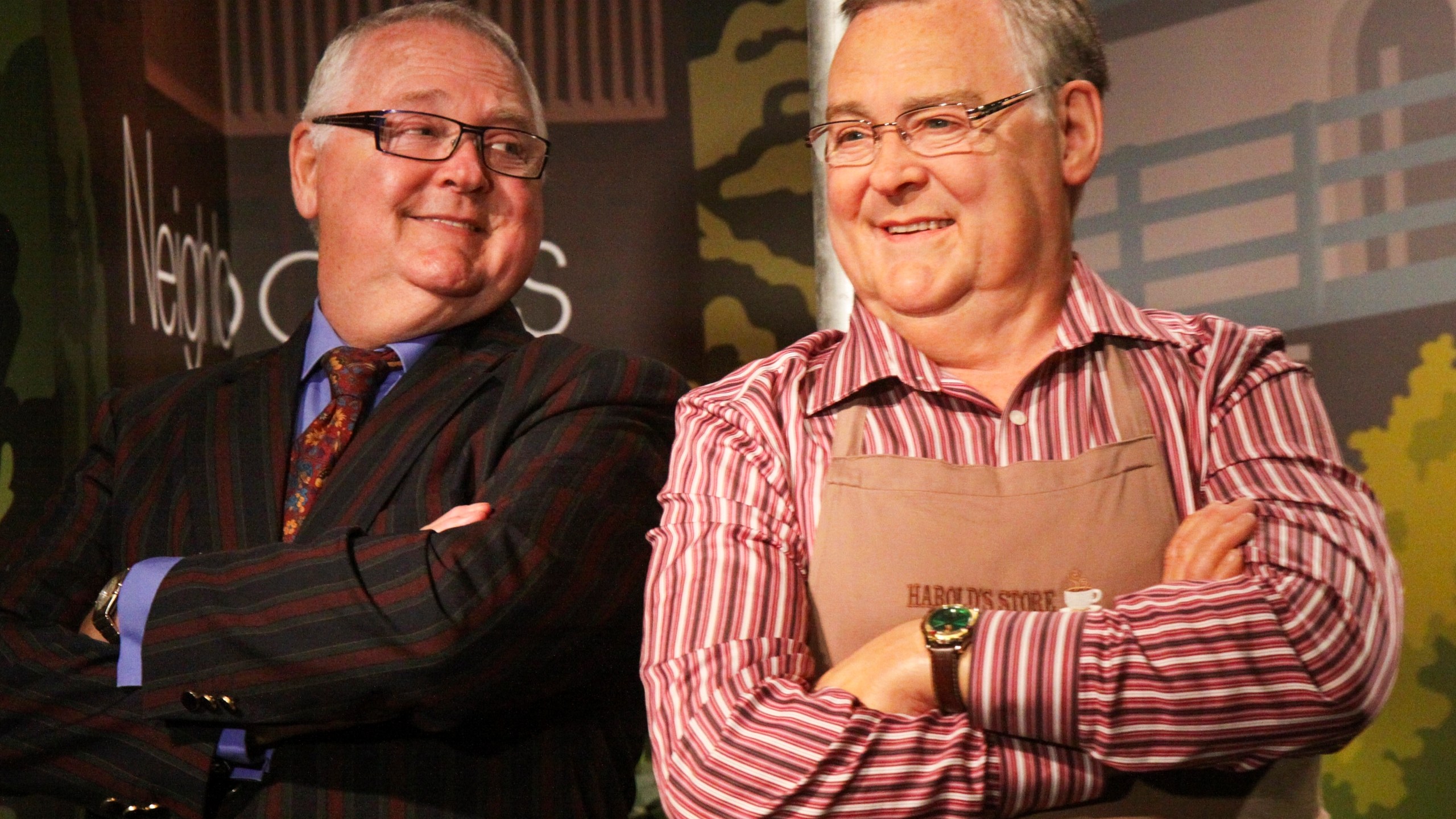 Australian actor Ian Smith, left, poses for a photograph with his wax figure in the character of Harold Bishop from Australian soap "Neighbours" at Madame Tussauds waxworks in Sydney, April 16, 2012. (April Fonti/AAP Image via AP)