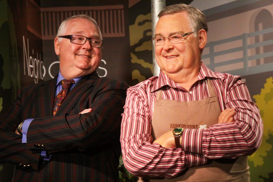 Australian actor Ian Smith, left, poses for a photograph with his wax figure in the character of Harold Bishop from Australian soap "Neighbours" at Madame Tussauds waxworks in Sydney, April 16, 2012. (April Fonti/AAP Image via AP)