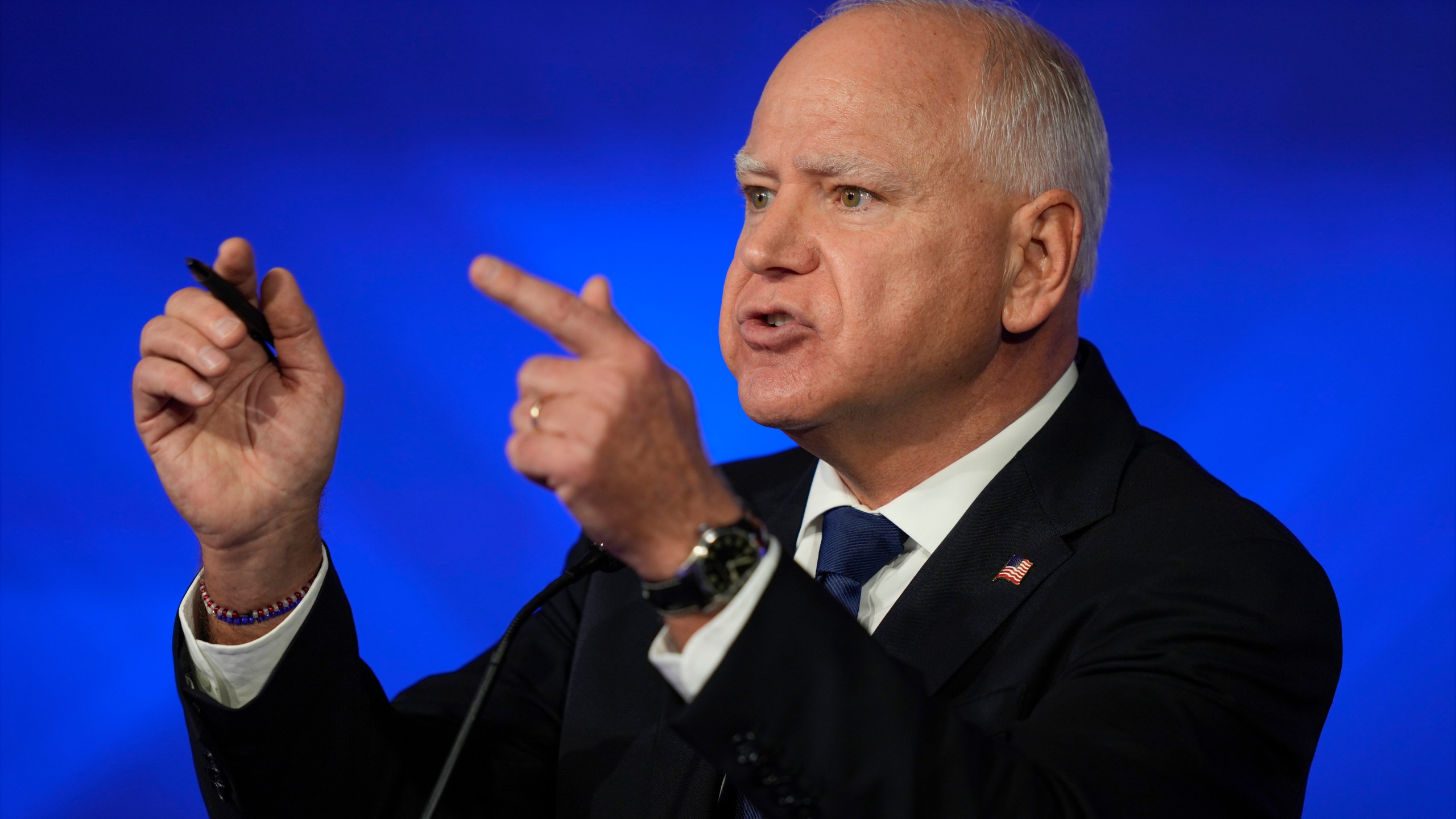 FILE - Democratic vice presidential nominee Minnesota Gov. Tim Walz speaks during a vice presidential debate hosted by CBS News, with Republican vice presidential nominee Sen. JD Vance, R-Ohio, Oct. 1, 2024, in New York. (AP Photo/Matt Rourke)