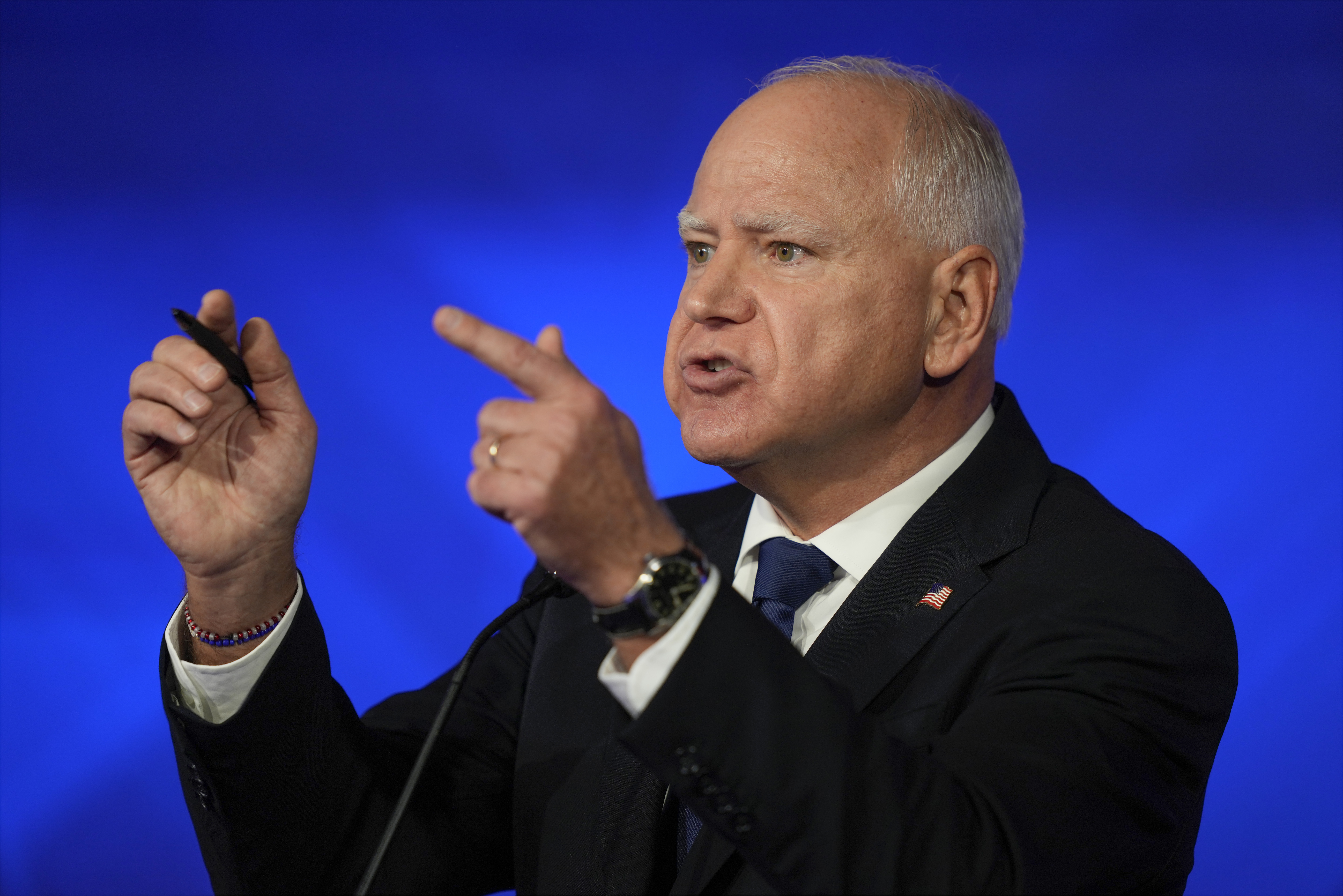 FILE - Democratic vice presidential nominee Minnesota Gov. Tim Walz speaks during a vice presidential debate hosted by CBS News, with Republican vice presidential nominee Sen. JD Vance, R-Ohio, Oct. 1, 2024, in New York. (AP Photo/Matt Rourke)