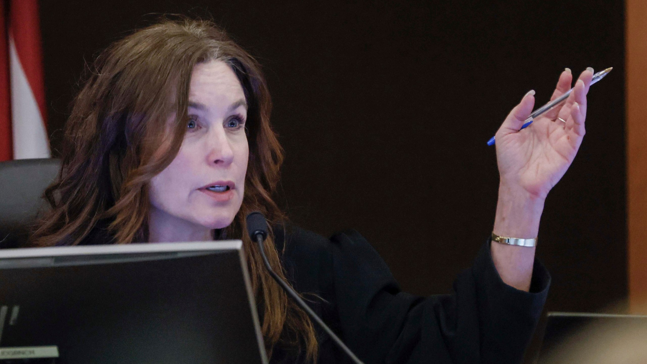 Fulton County Superior Court Judge Paige Reese Whitaker speaks with a prosecutor during the Young Thug trial at Fulton County Courthouse in Atlanta on Tuesday, Nov. 26, 2024. (Miguel Martinez/Atlanta Journal-Constitution via AP)