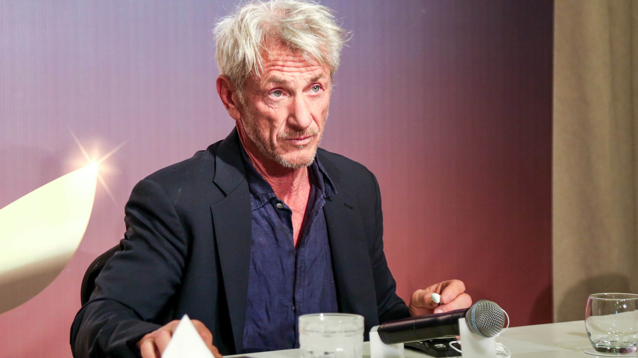 American actor and film director Sean Penn speaks to the press during a conference at the Marrakech International Film Festival, Morocco, Tuesday, Dec. 3, 2024. (AP Photo)