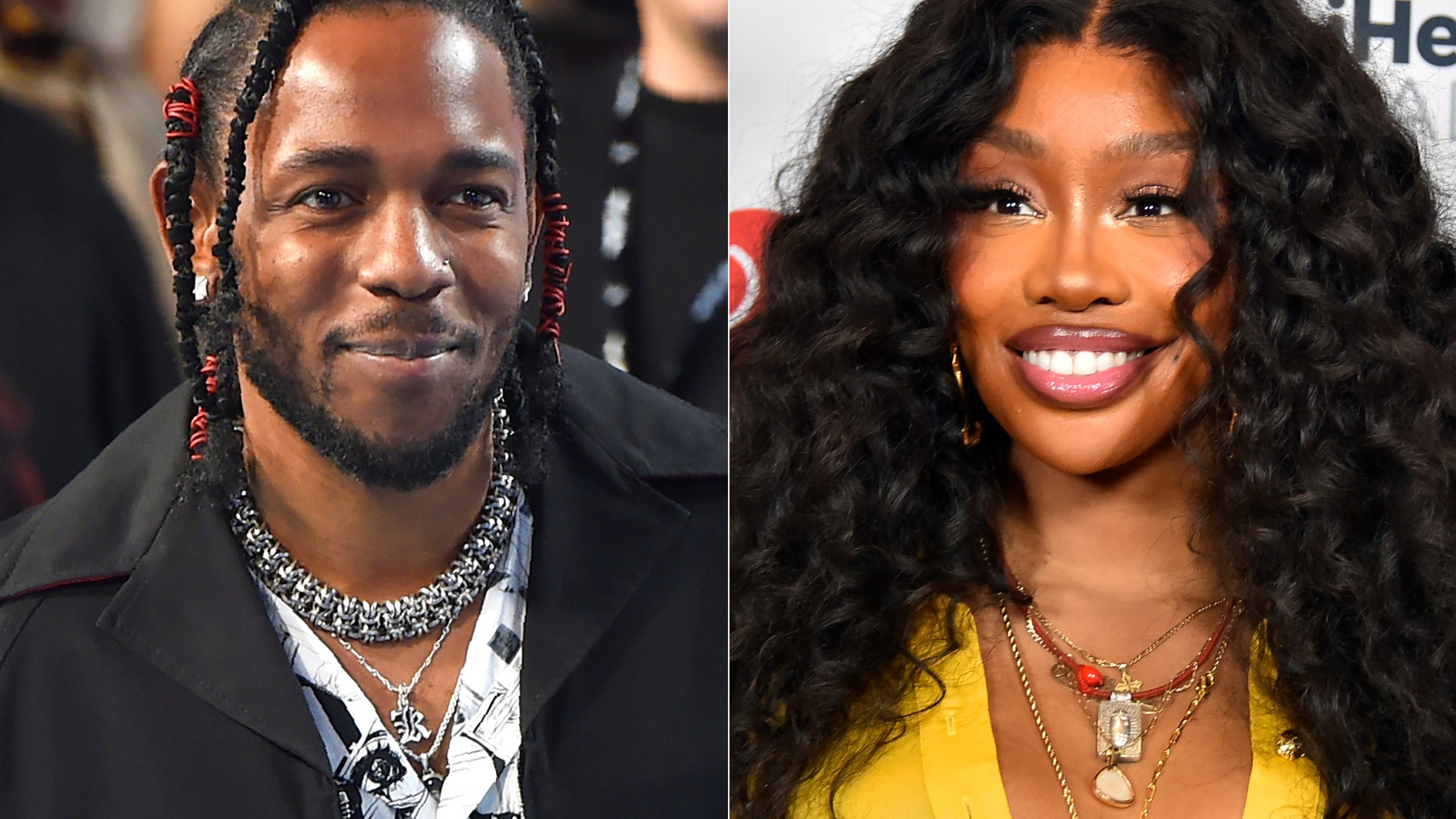 Kendrick Lamar appears at the MTV Video Music Awards in Inglewood, Calif., on Aug. 27, 2017, left, and SZA appears in the press room at the iHeartRadio Music Awards in Los Angeles on April 1, 2024. (AP Photo)