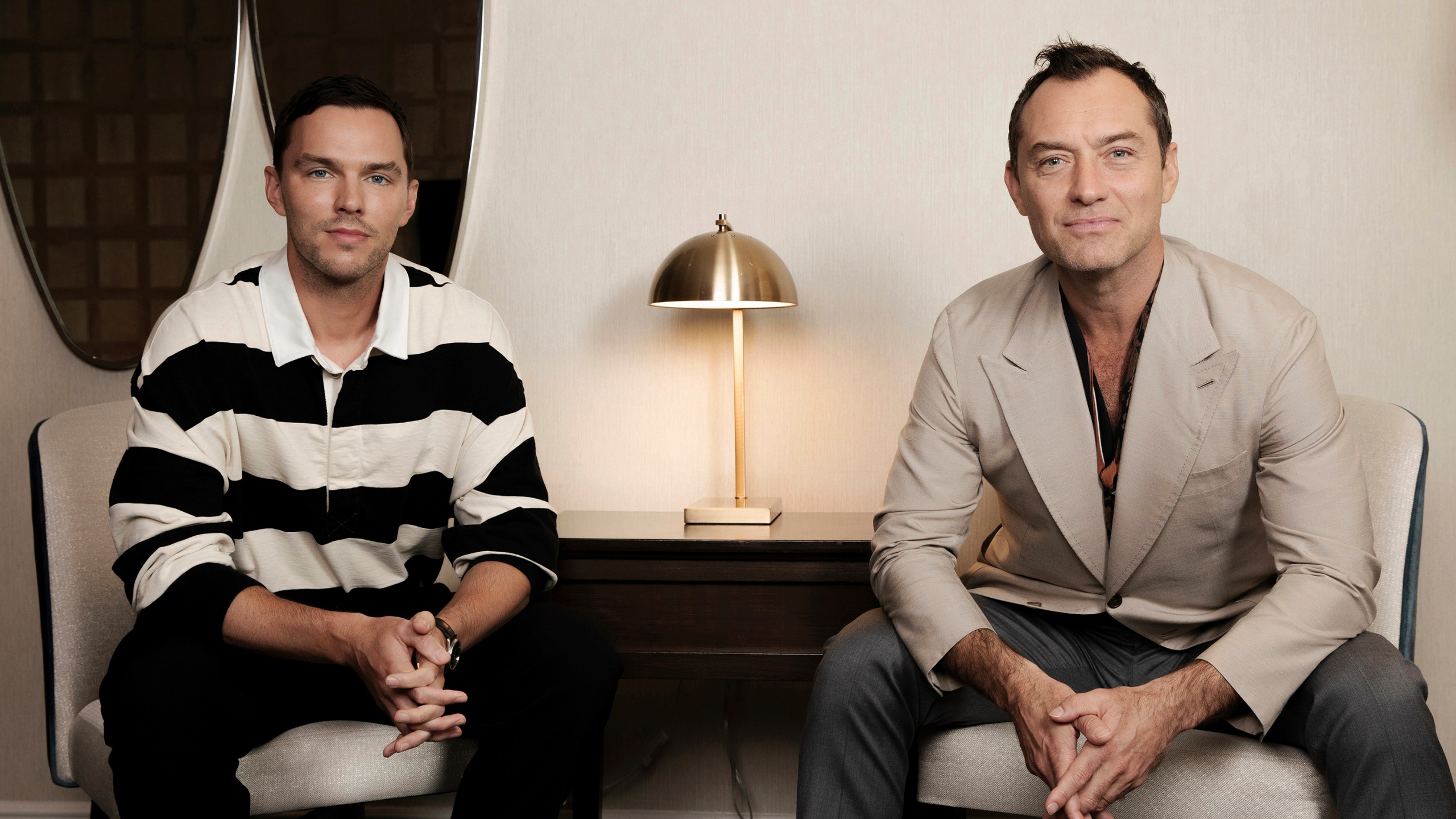 Nicholas Hoult, left, and Jude Law pose for a portrait to promote the film "The Order" on Wednesday, Oct. 16, 2024, in Los Angeles. (Photo by Rebecca Cabage/Invision/AP)