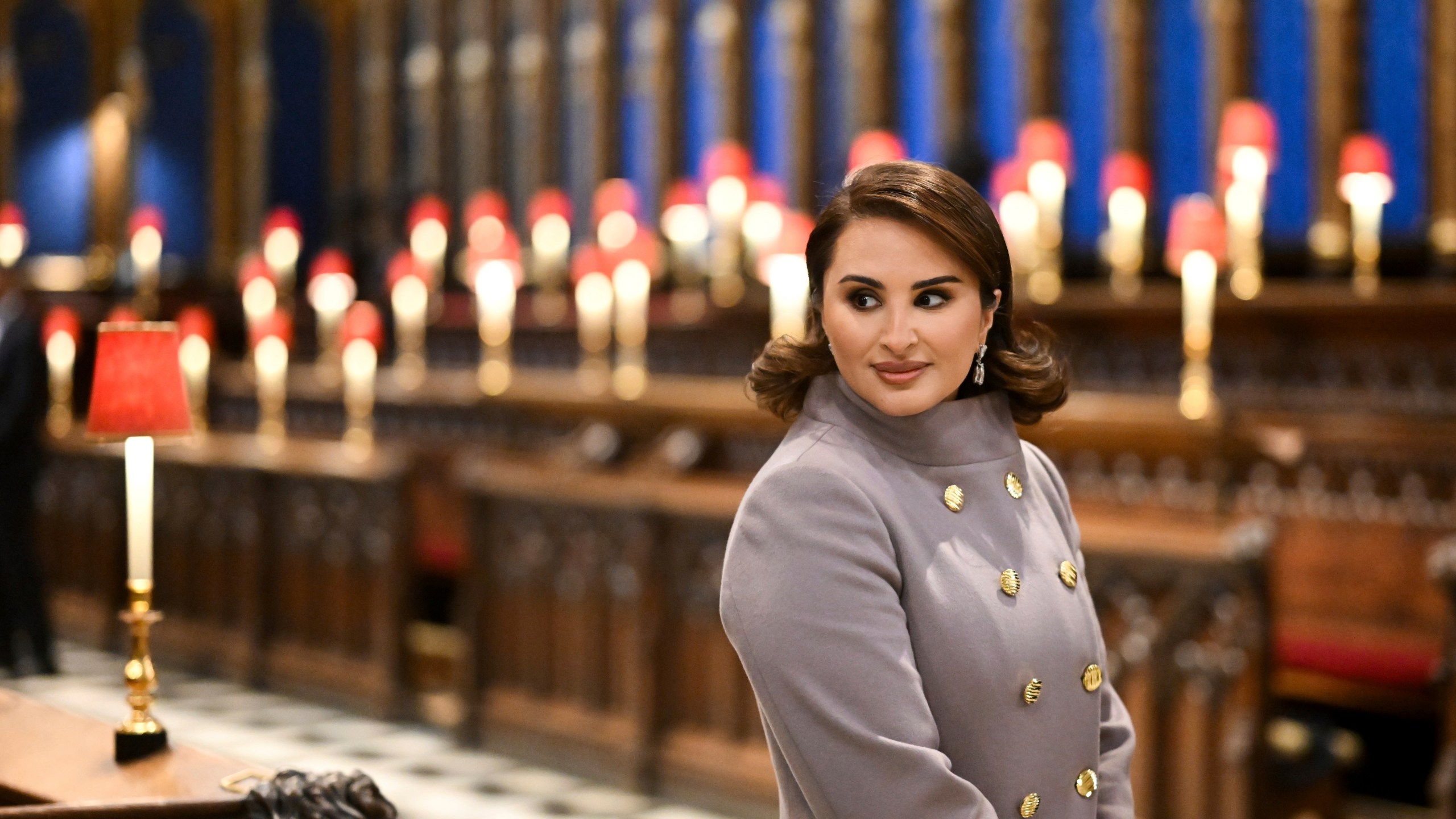 Wife of Qatar's Emir, Sheikha Jawaher bint Hamad bin Suhaim al-Thani during a visit to Westminster Abbey in London, Tuesday, Dec. 3, 2024, on the first day of their two-day State Visit to Britain. ( Justin Tallis/Pool photo via AP)