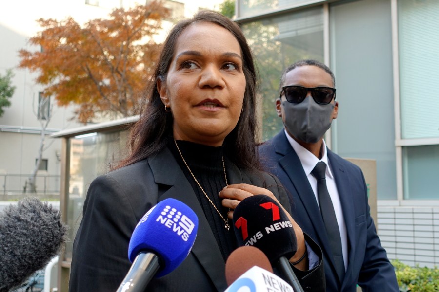 Kristal Hilaire, a daughter of Australian citizen Donna Nelson, speaks to reporters at the Chiba District Court before the verdict for Nelson in a drug smuggling case, Wednesday, Dec. 4, 2024, in Chiba, east of Tokyo. (AP Photo/Mari Yamaguchi)