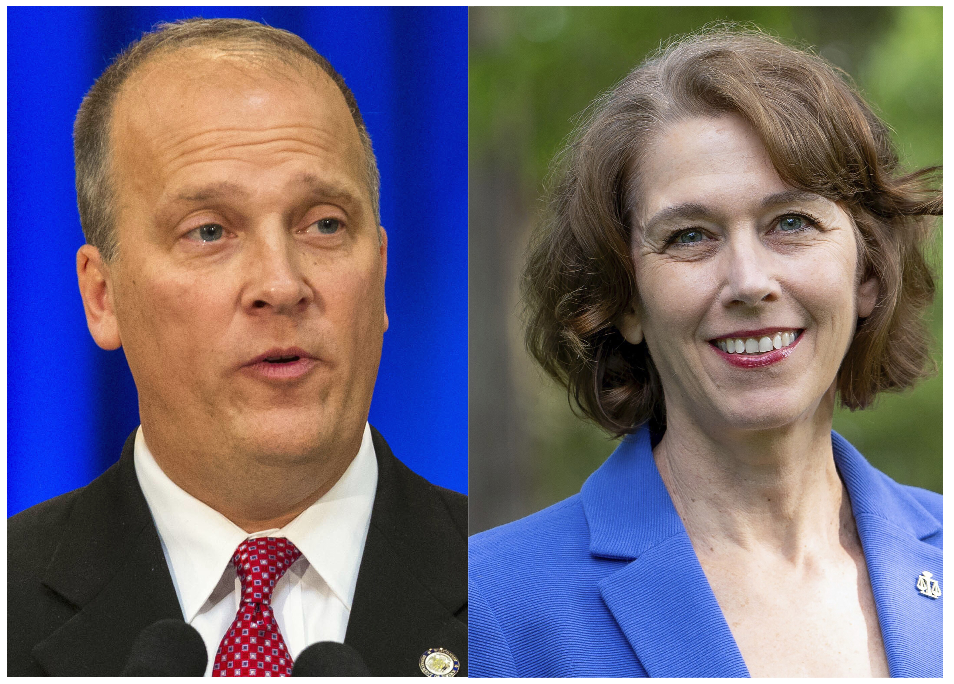 FILE - This combination of file photos shows former Republican attorney general Brad Schimel and Susan Crawford. (AP Photo/Susan Crawford for Wisconsin, File)