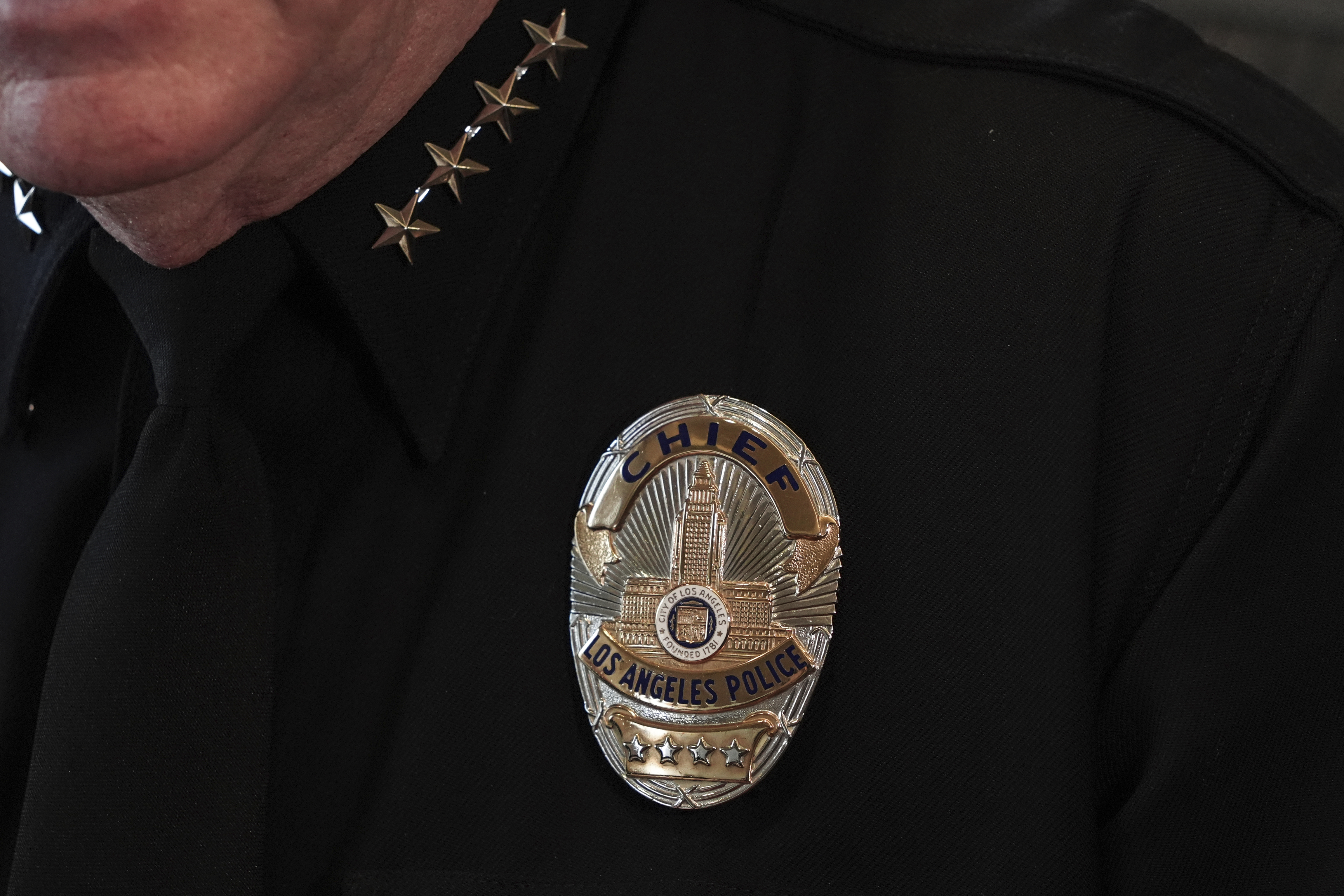 Los Angeles Police Department Chief Jim McDonnell sits for an interview with The Associated Press in Los Angeles, Wednesday, Dec. 4, 2024. (AP Photo/Jae C. Hong)