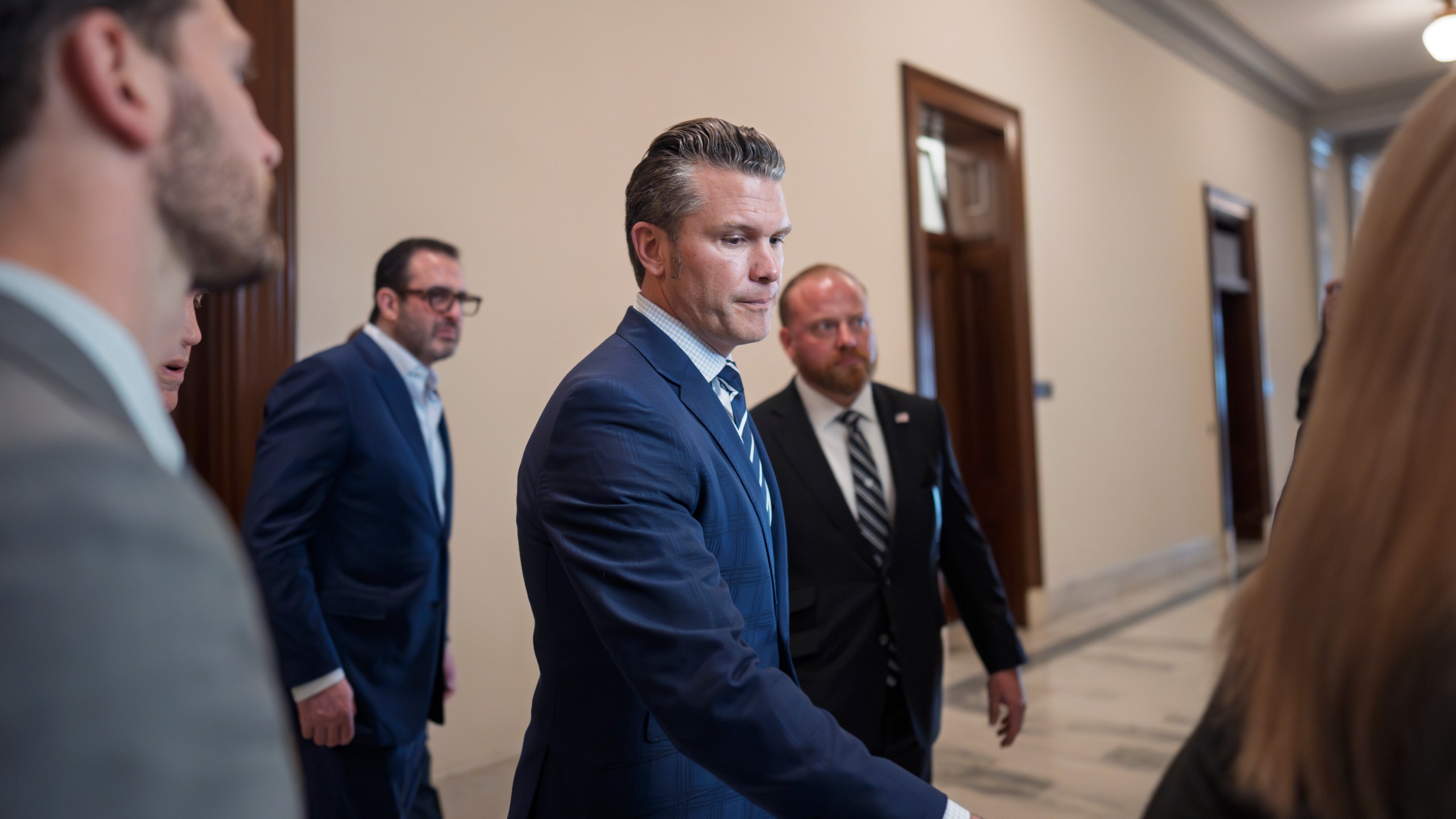 Pete Hegseth, President-elect Donald Trump's nominee to be Defense secretary, arrives to meet with Sen. Joni Ernst, R-Iowa, a member of the Senate Armed Services Committee, at the Capitol in Washington, Monday, Dec. 9, 2024. (AP Photo/J. Scott Applewhite)