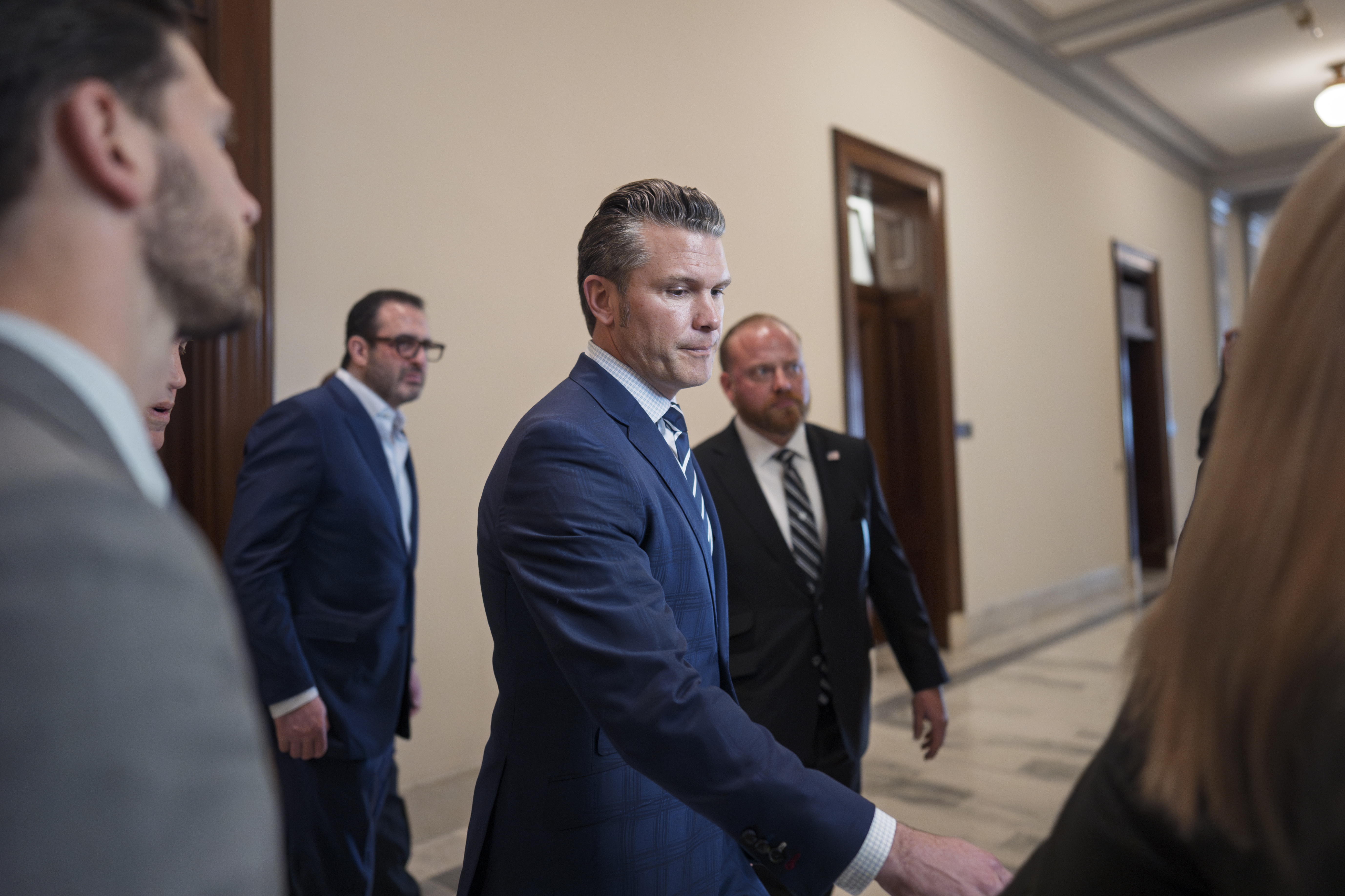 Pete Hegseth, President-elect Donald Trump's nominee to be Defense secretary, arrives to meet with Sen. Joni Ernst, R-Iowa, a member of the Senate Armed Services Committee, at the Capitol in Washington, Monday, Dec. 9, 2024. (AP Photo/J. Scott Applewhite)