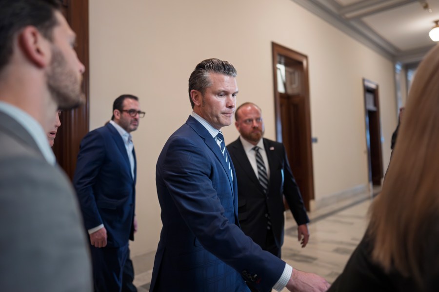 Pete Hegseth, President-elect Donald Trump's nominee to be Defense secretary, arrives to meet with Sen. Joni Ernst, R-Iowa, a member of the Senate Armed Services Committee, at the Capitol in Washington, Monday, Dec. 9, 2024. (AP Photo/J. Scott Applewhite)