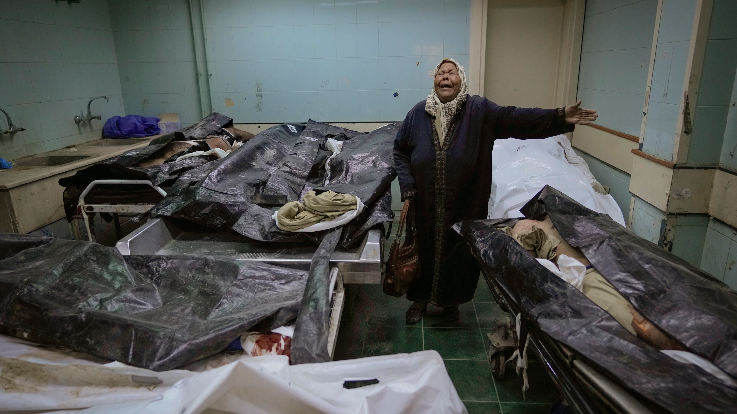 Hilala Meryeh, a 64-year-old Palestinian mother of four, weeps in the middle of the dingy identification room after finding her son's body at the Al-Mojtahed Hospital morgue in Damascus, Syria, on Wednesday, Dec. 11, 2024. Many are flocking to morgues, hoping to identify loved ones who were either killed or imprisoned under President Bashar Assad's government, which collapsed over the weekend. (AP Photo/Hussein Malla)