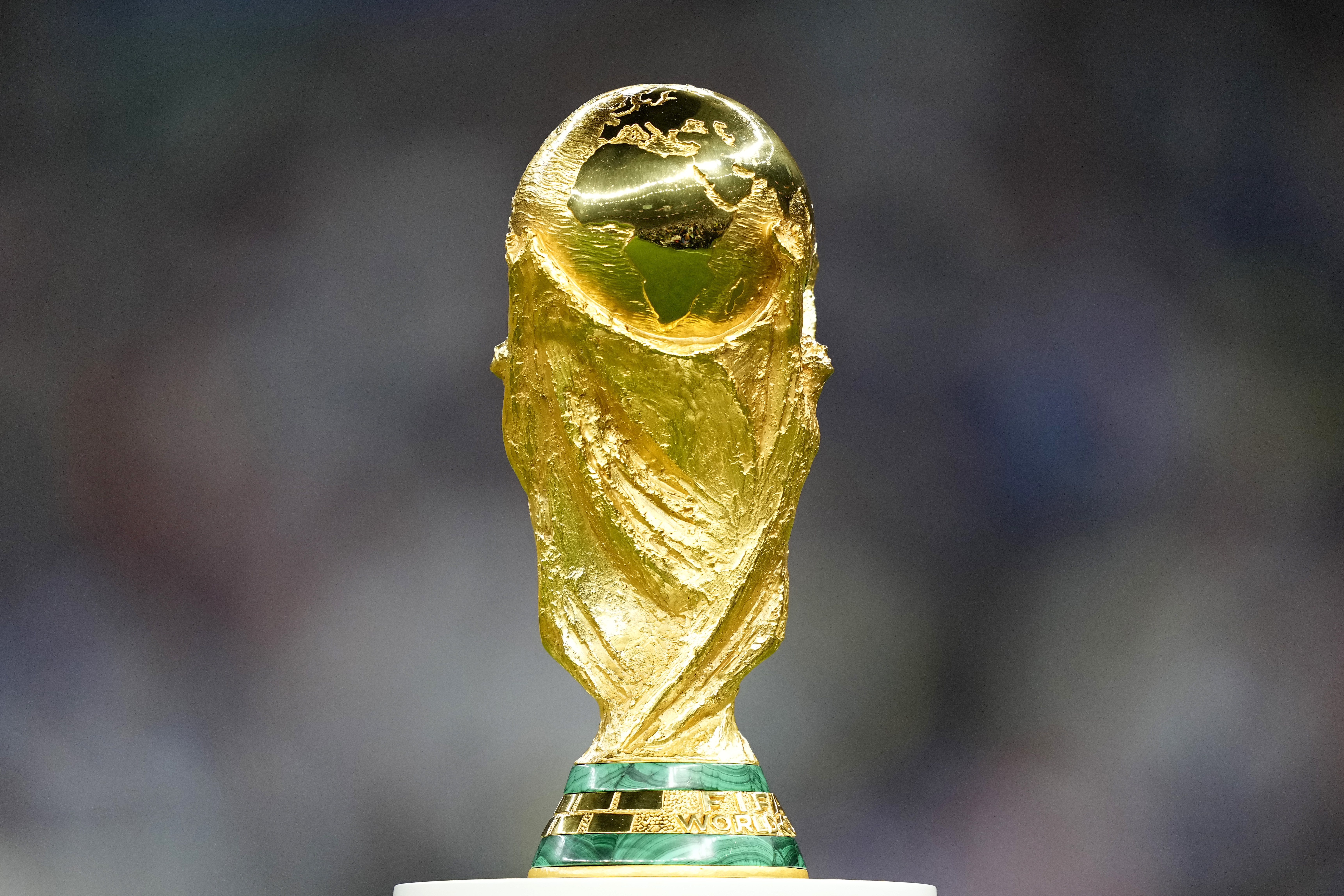 FILE - The trophy is displayed on the pitch ahead of the World Cup final soccer match between Argentina and France at the Lusail Stadium in Lusail, Qatar, Sunday, Dec. 18, 2022. (AP Photo/Martin Meissner, File)