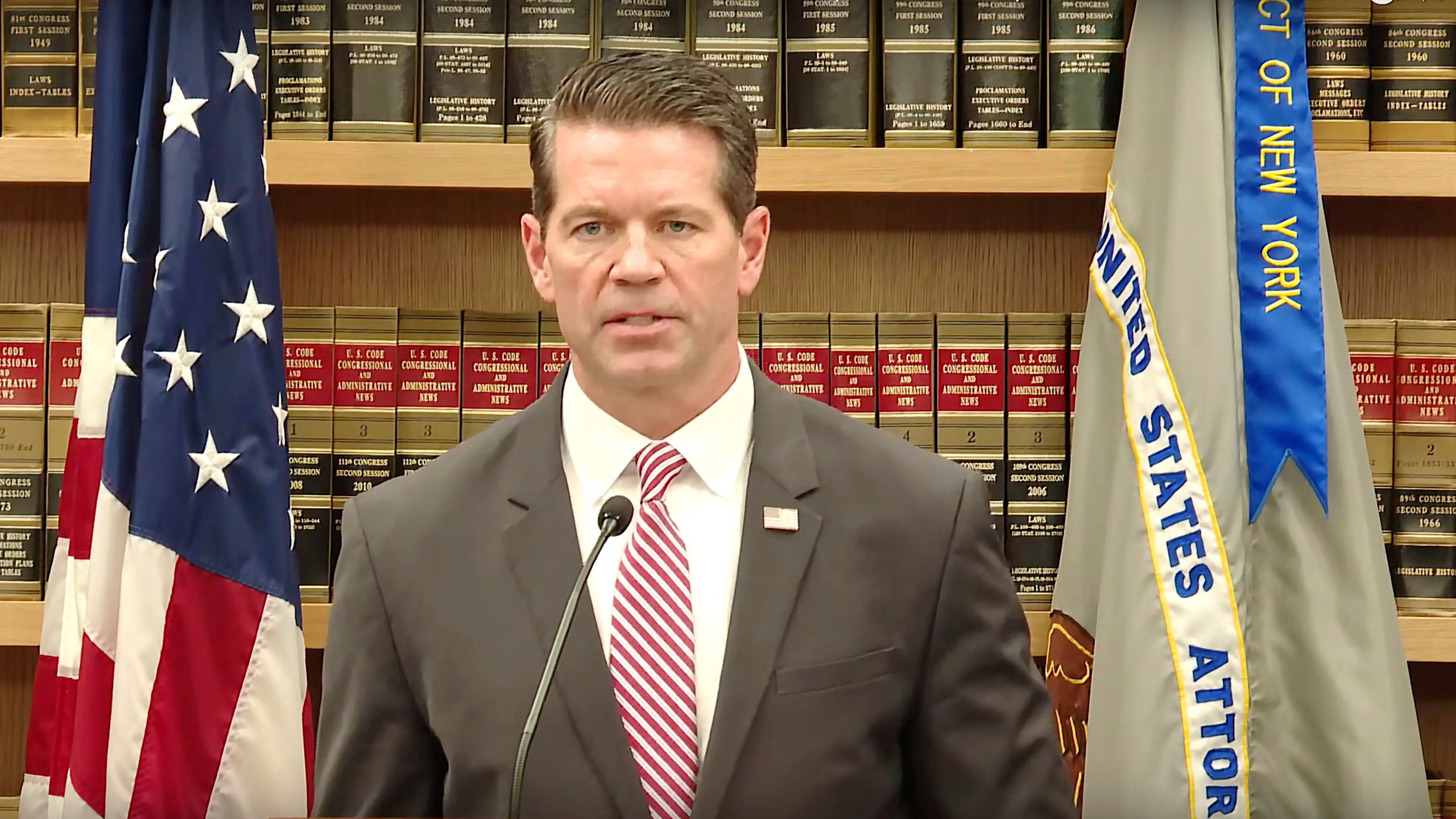 This still image from video from the U.S. Attorney's Office shows James Dennehy, the assistant director in charge of the FBI's New York Field Office, during a news conference, in New York, Wednesday, Dec. 11, 2024, as it's announced that luxury real estate brokers Oren and Tal Alexander and their sibling Alon Alexander have been charged with sex trafficking, according to a federal indictment unsealed in Manhattan. (U.S. Attorney's Office via AP)