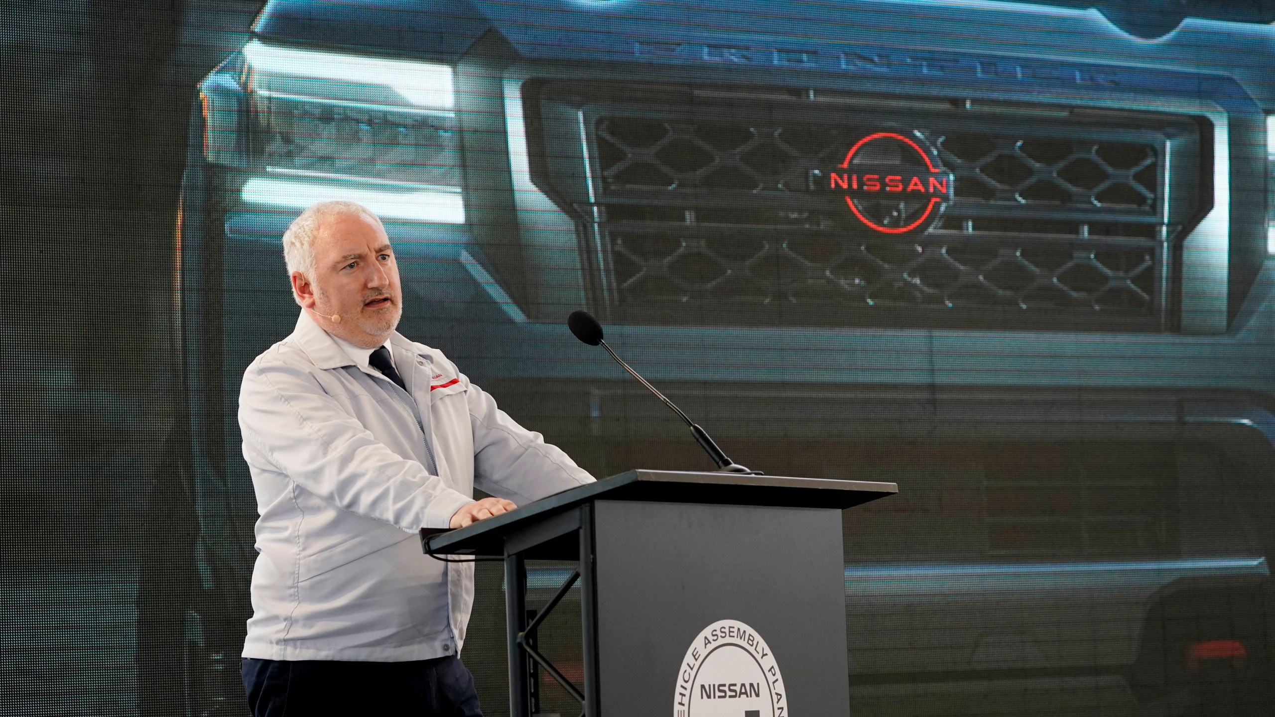 FILE - Jeremie Papin, chairperson of Nissan Americas, speaks about the all-new redesign of the company's midsize truck, the Frontier, at a ceremony marking the start of production of the 2022 model at their Canton Vehicle Assembly Plant in Canton, Miss., on July 15, 2021. (AP Photo/Rogelio V. Solis, File)