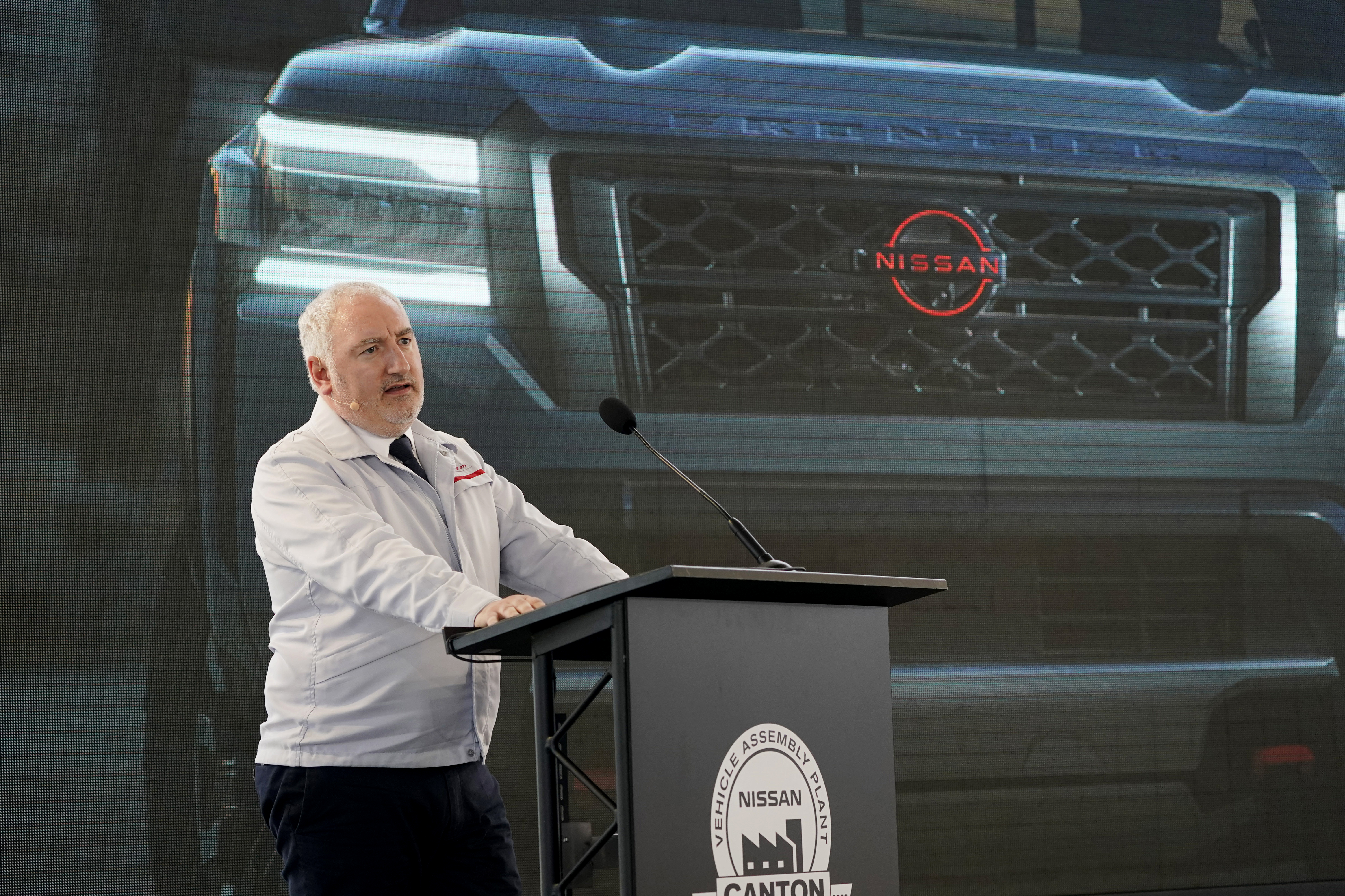 FILE - Jeremie Papin, chairperson of Nissan Americas, speaks about the all-new redesign of the company's midsize truck, the Frontier, at a ceremony marking the start of production of the 2022 model at their Canton Vehicle Assembly Plant in Canton, Miss., on July 15, 2021. (AP Photo/Rogelio V. Solis, File)