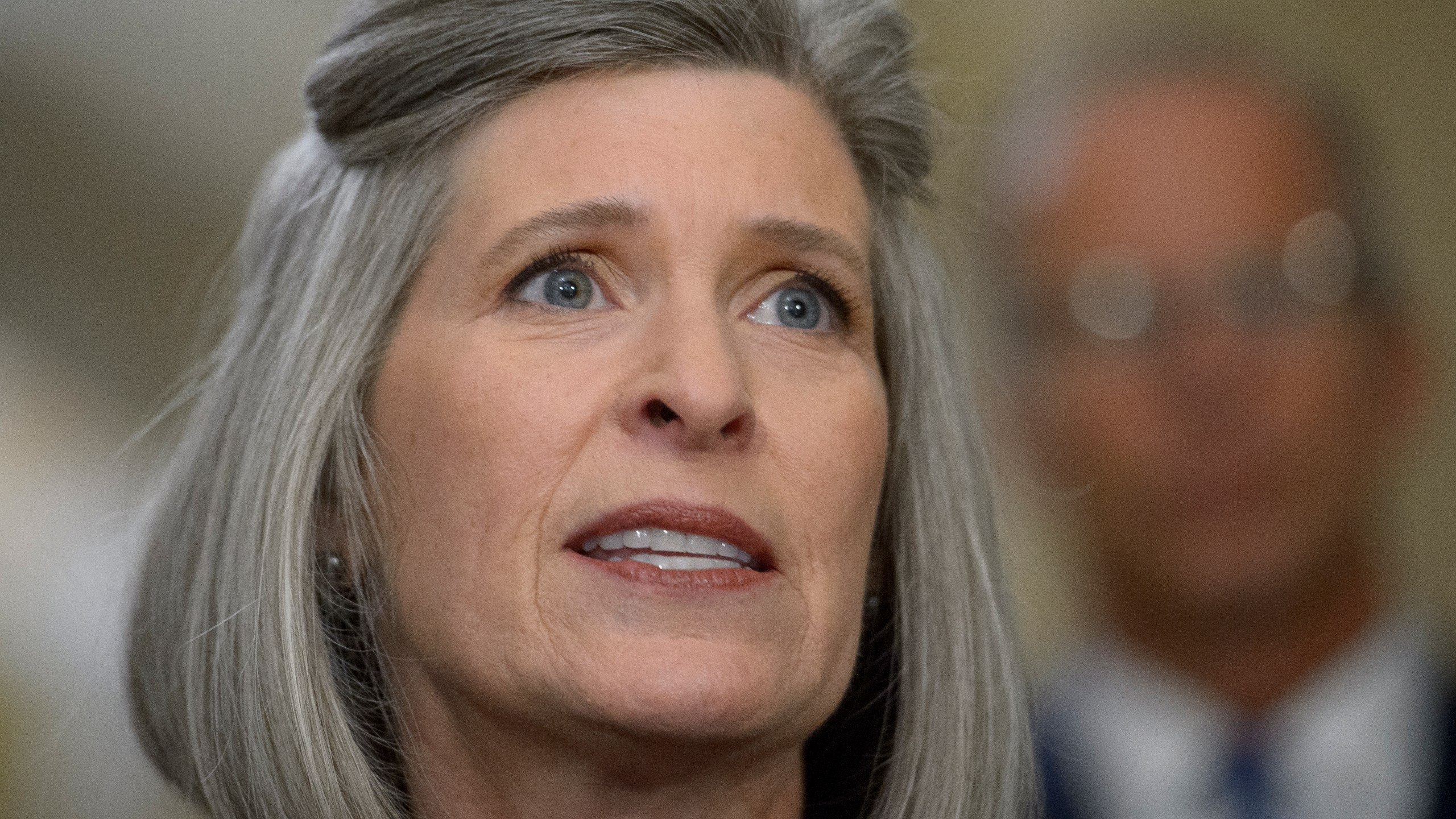 FILE - Sen. Joni Ernst, R-Iowa, speaks following the Senate Republican policy luncheon at the Capitol in Washington, Sept. 10, 2024. (AP Photo/Rod Lamkey, Jr., File)