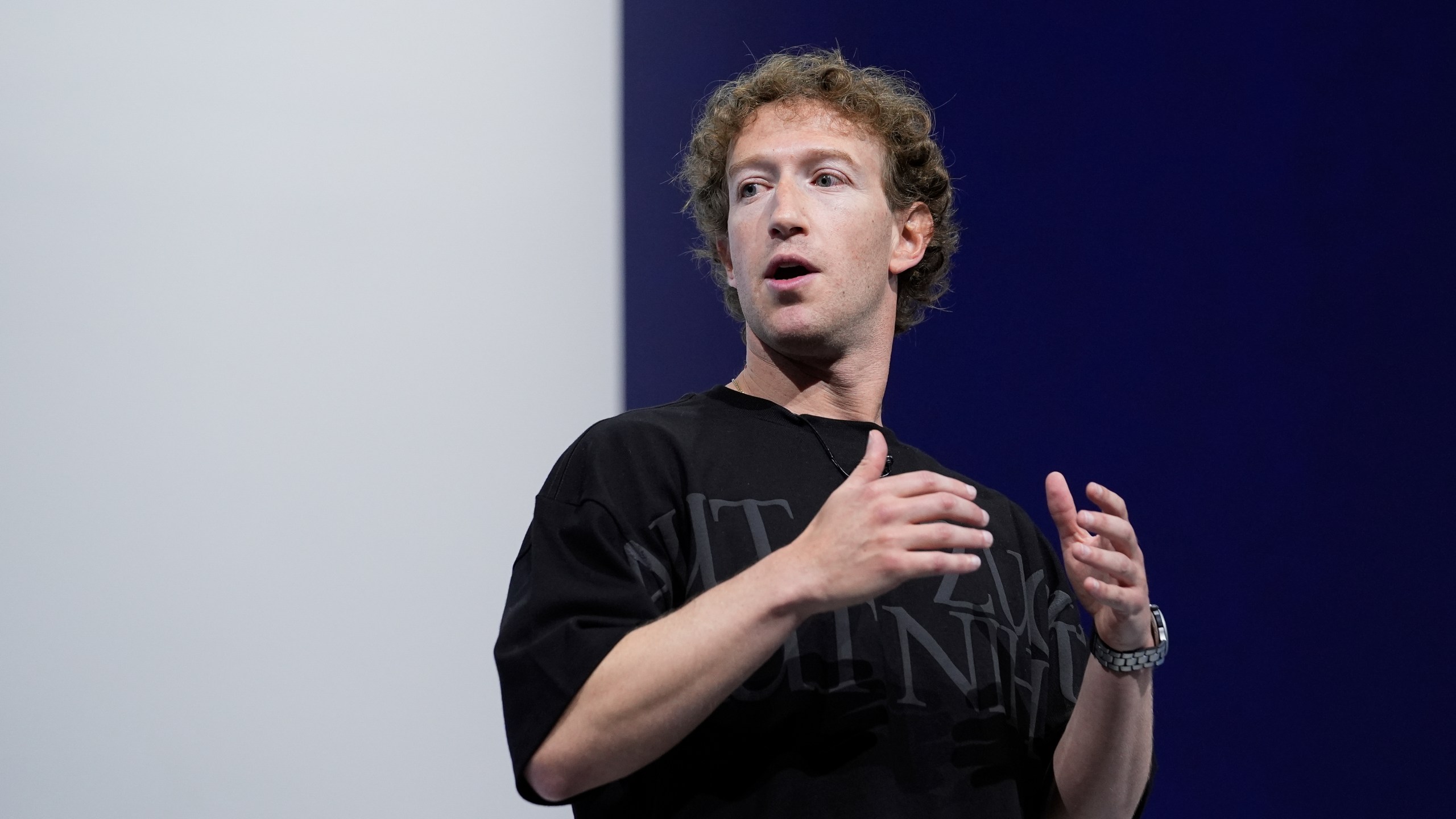 FILE - Mark Zuckerberg talks about the Orion AR glasses during the Meta Connect conference on Sept. 25, 2024, in Menlo Park, Calif. (AP Photo/Godofredo A. Vásquez, File)