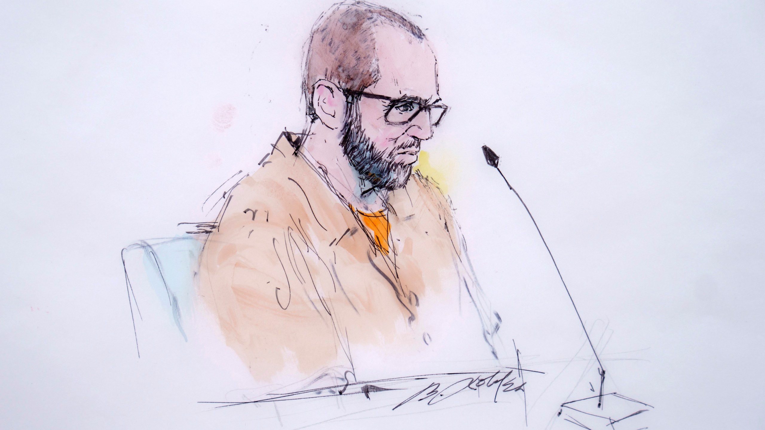 In this courtroom sketch, defendant Alexander Smirnov speaks in Federal court in Los Angeles, Feb. 26, 2024. (William T. Robles via AP)