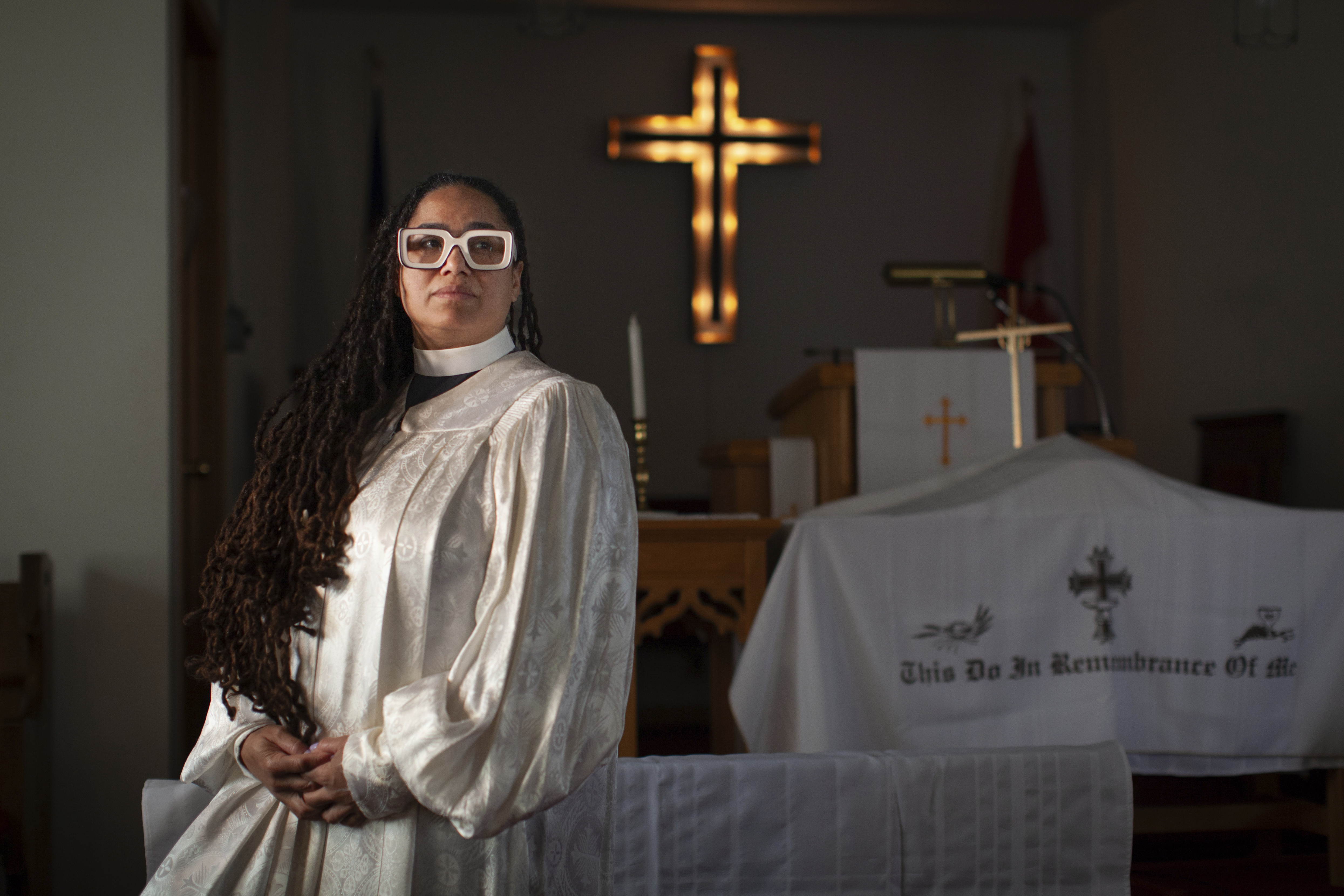 The Rev. Jennifer Susanne Leath poses for a photo at Tanner-Price AME Church in Windsor, Ont., Sunday, Oct. 6, 2024. (AP Photo/Dax Melmer)