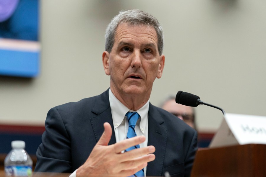 FILE - FAA Administrator Mike Whitaker testifies before the House Committee on Transportation and Infrastructure Subcommittee on Aviation, Sept. 24, 2024, on Capitol Hill in Washington. (AP Photo/Jose Luis Magana, File)