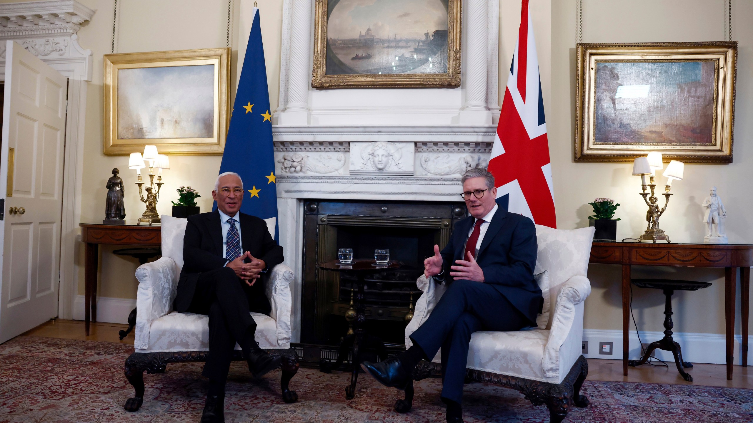 Britain's Prime Minister Keir Starmer, right, meets with President of the European Council Antonio Costa, at 10 Downing Street, in London, Thursday, Dec. 12, 2024. (Benjamin Cremel/Pool Photo via AP)