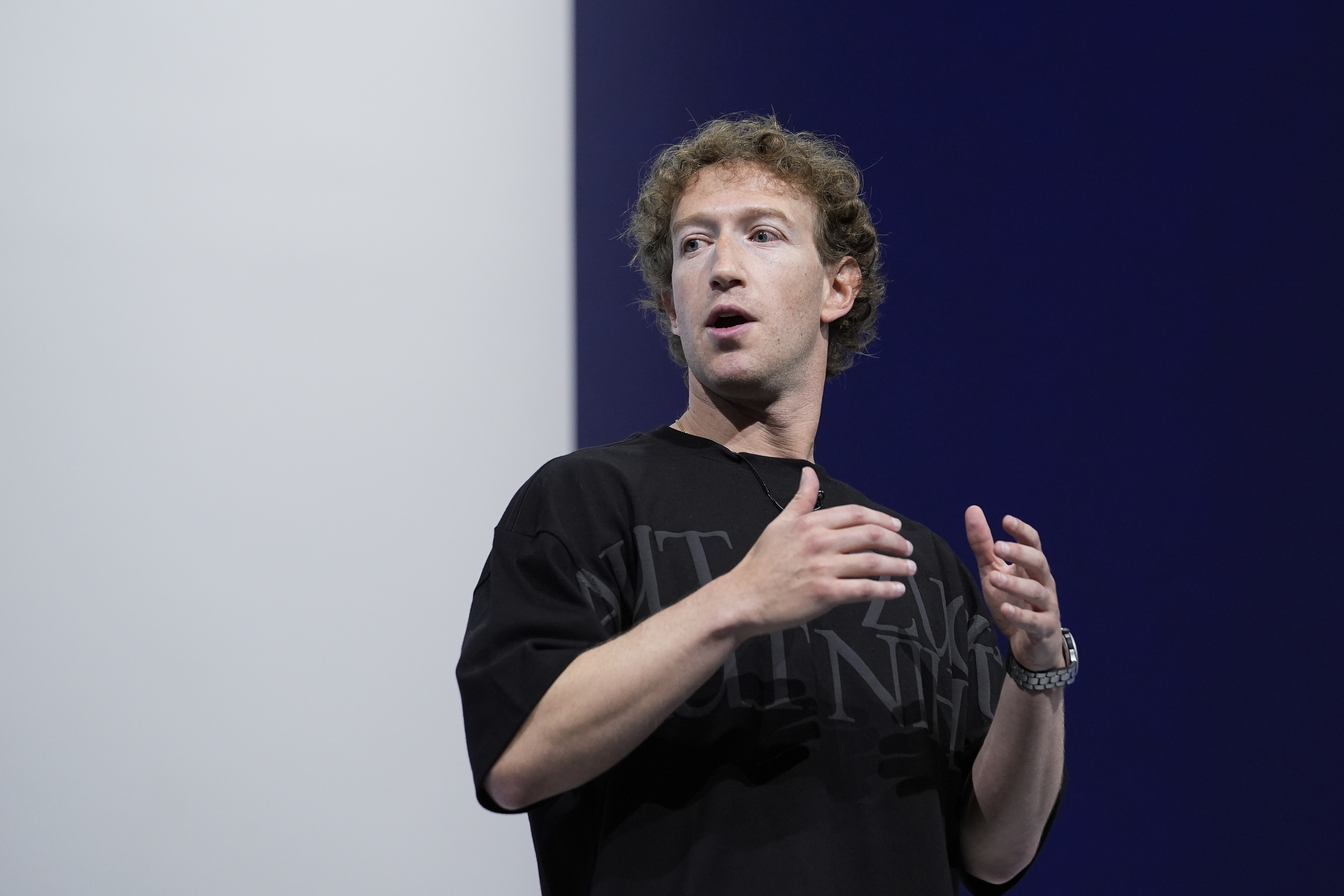 FILE - Mark Zuckerberg talks about the Orion AR glasses during the Meta Connect conference on Sept. 25, 2024, in Menlo Park, Calif. (AP Photo/Godofredo A. Vásquez, File)